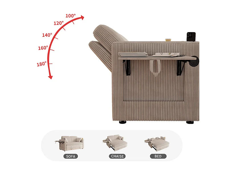 Tweezits slaapbank met USB-poort en verstelbare rugleuning - Wit corduroy