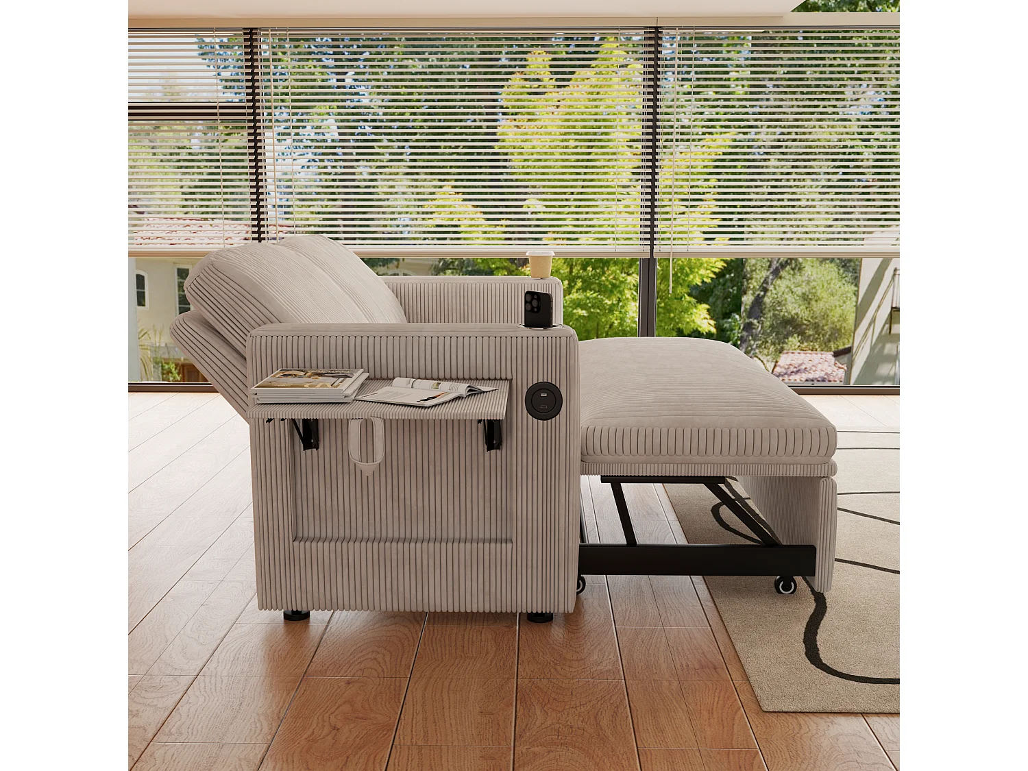 Tweezits slaapbank met USB-poort en verstelbare rugleuning - Wit corduroy