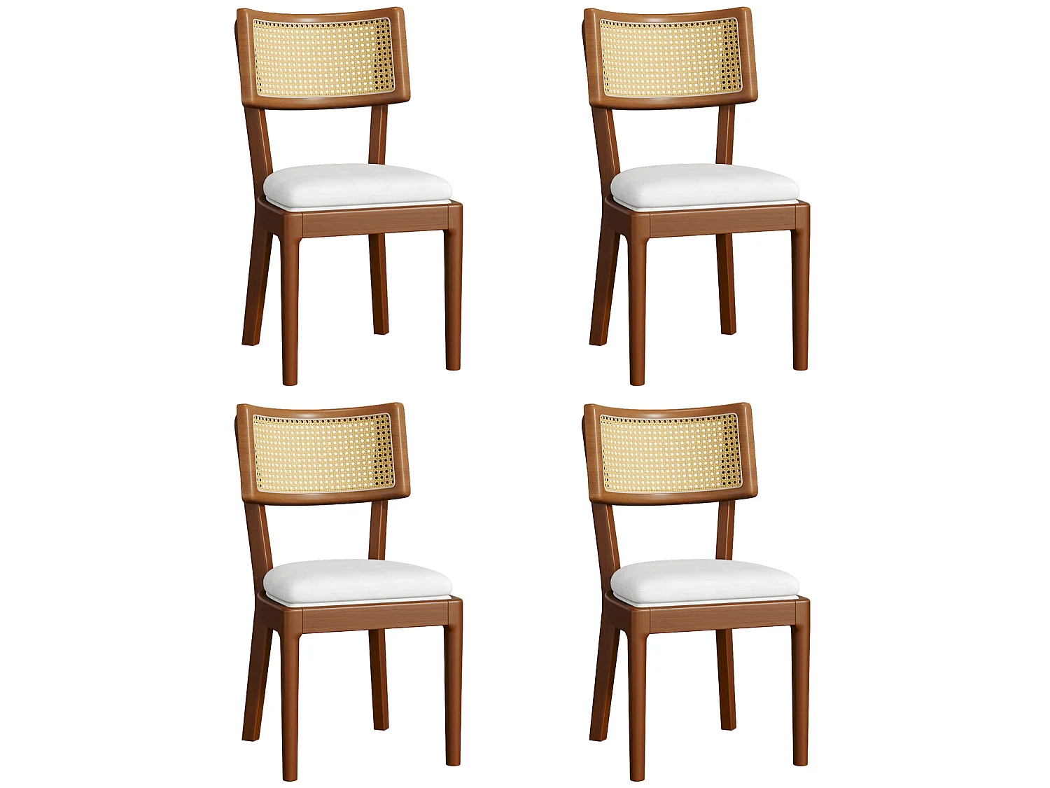 Juego de 4 sillas de madera y lino con respaldo de ratán - Marrón