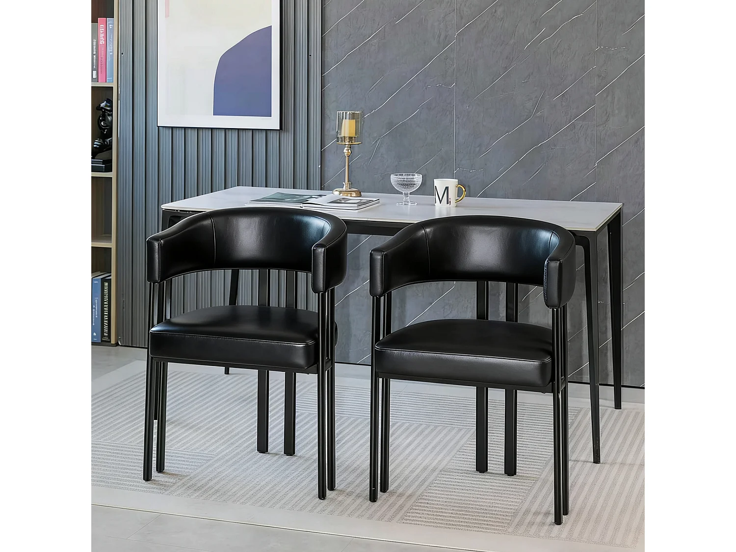 Chaise à manger en simili cuir avec accoudoirs, structure en métal - Noir