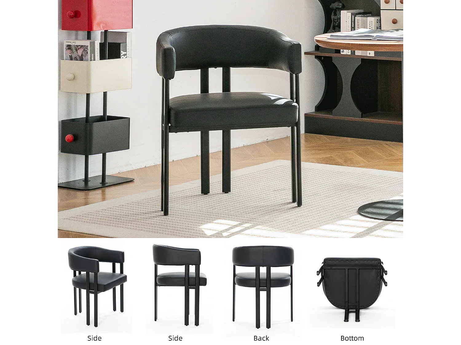 Chaise à manger en simili cuir avec accoudoirs, structure en métal - Noir