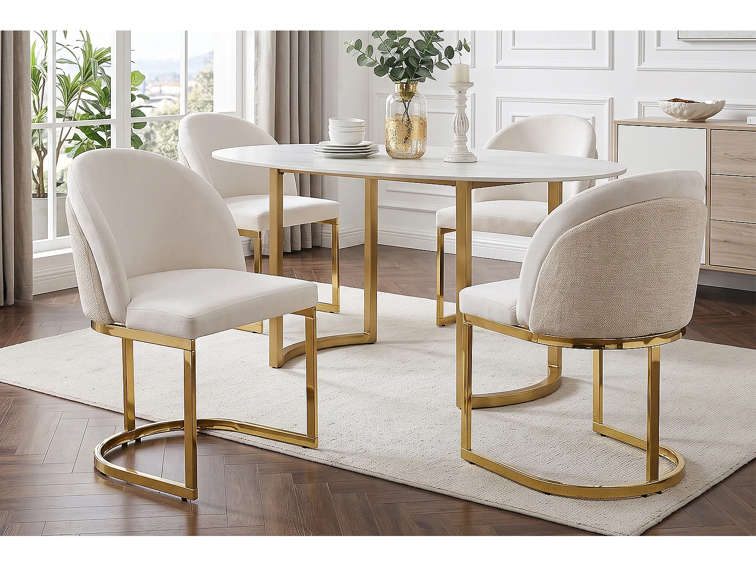 Lot de 4 chaises avec pieds en métal doré - Tissu en chenille beige