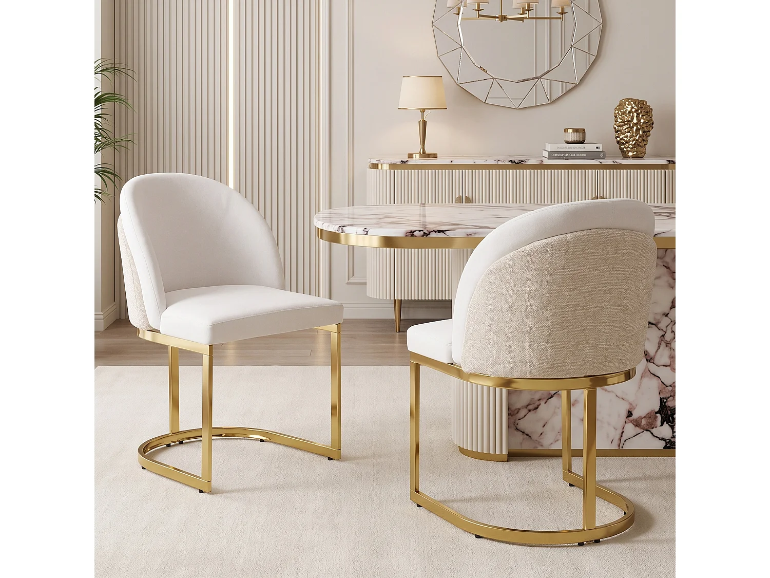 Lot de 4 chaises avec pieds en métal doré - Tissu en chenille beige