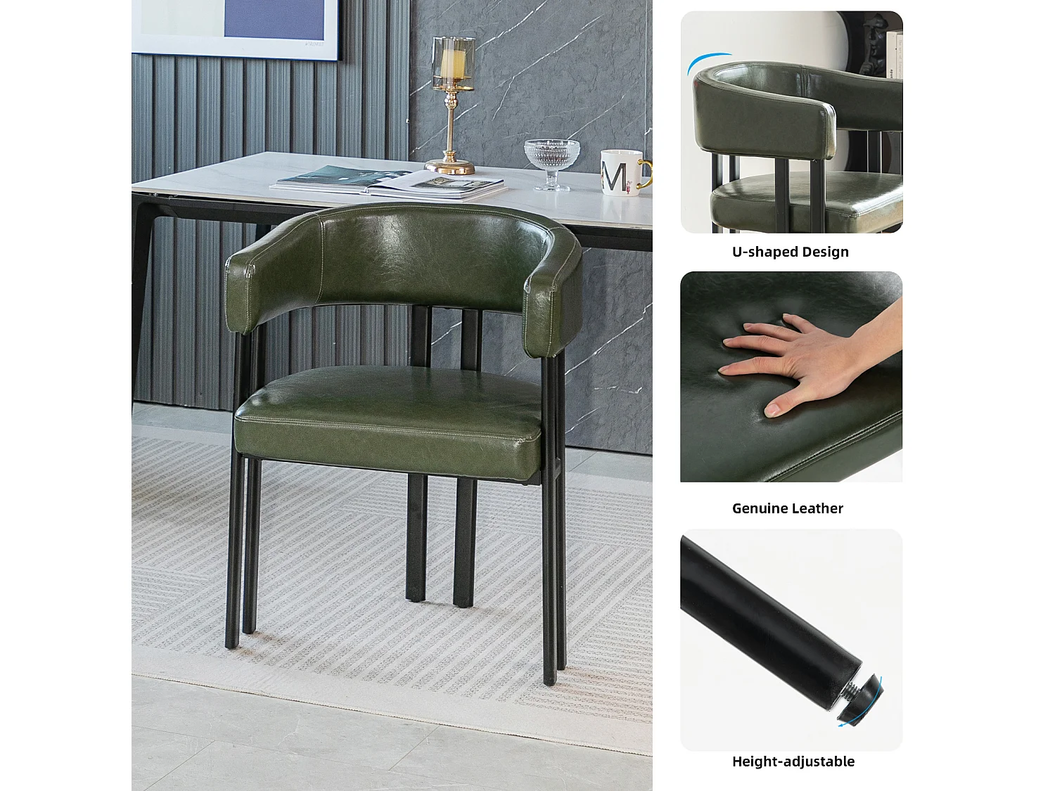 Chaise à manger en simili cuir avec accoudoirs, structure en métal - Vert