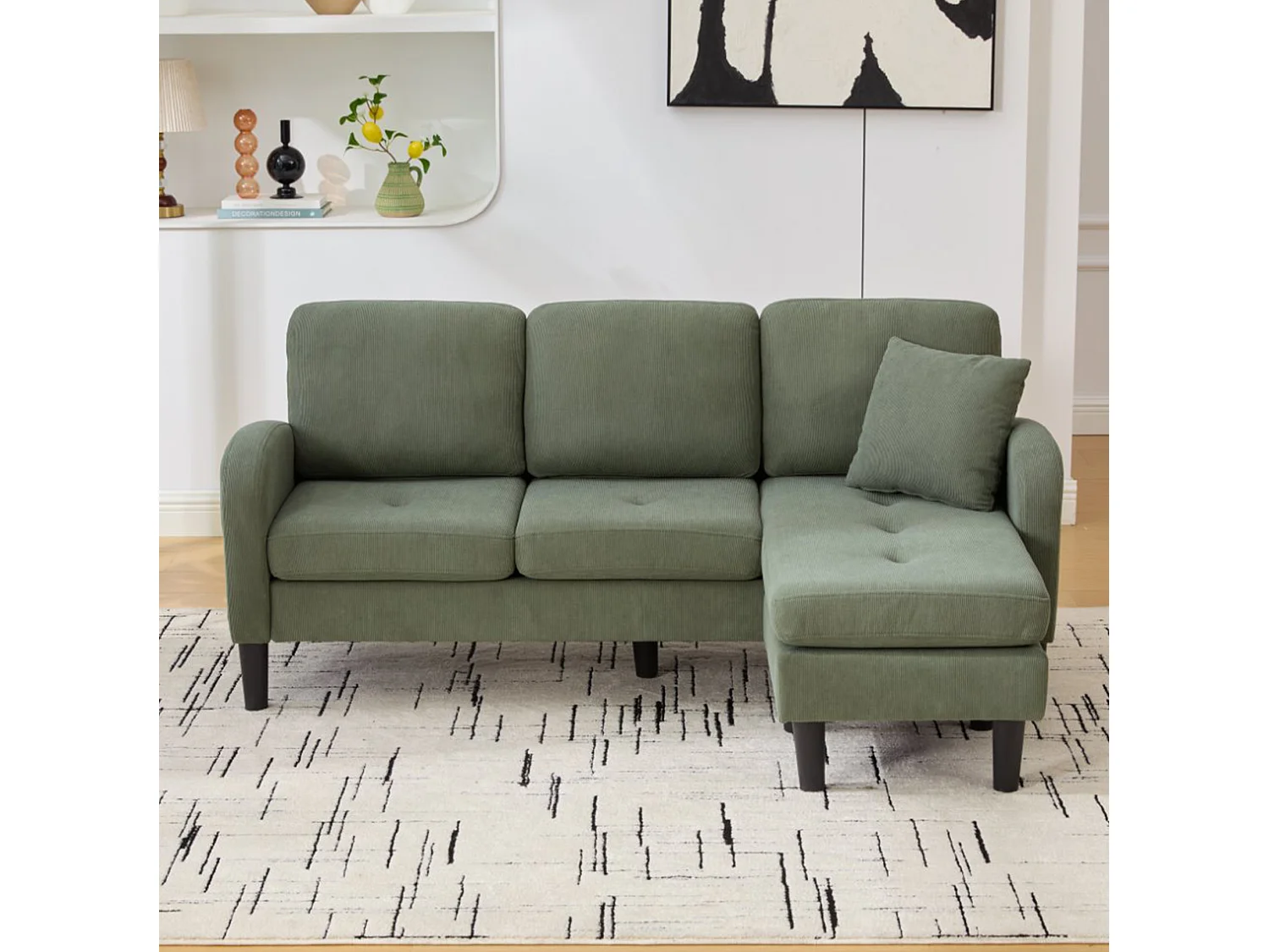 Canapé d'angle modulable 3 places 166 x 188 cm avec méridienne - Velours côtelé vert