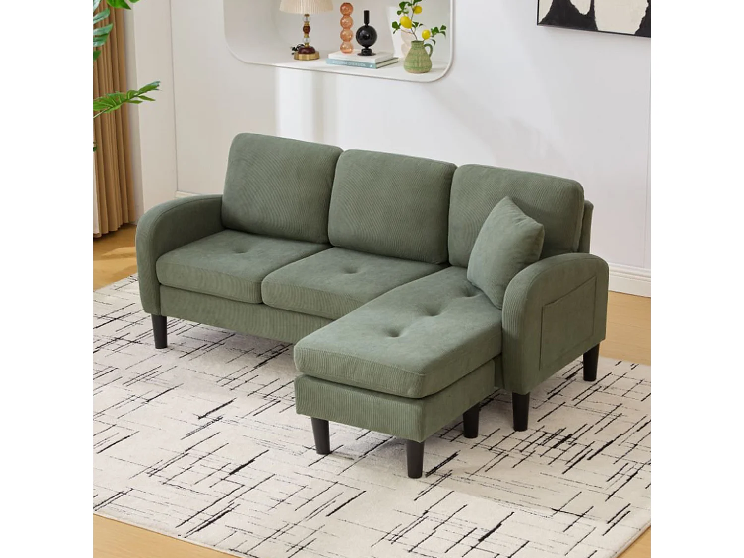 Canapé d'angle modulable 3 places 166 x 188 cm avec méridienne - Velours côtelé vert