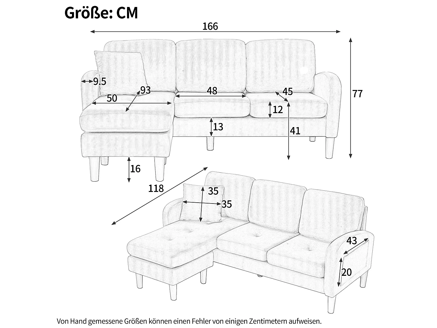 Canapé d'angle modulable 3 places 166 x 188 cm avec méridienne - Velours côtelé vert