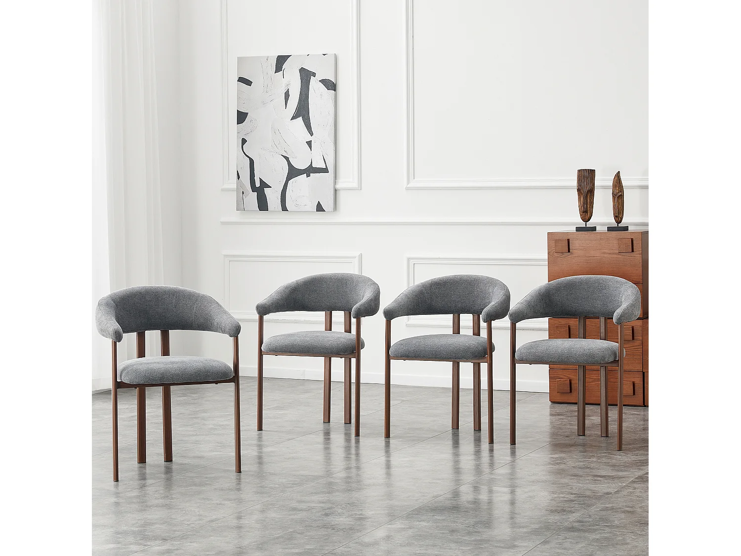 Set van 4 linnen eetkamerstoelen met metalen poten - Grijs