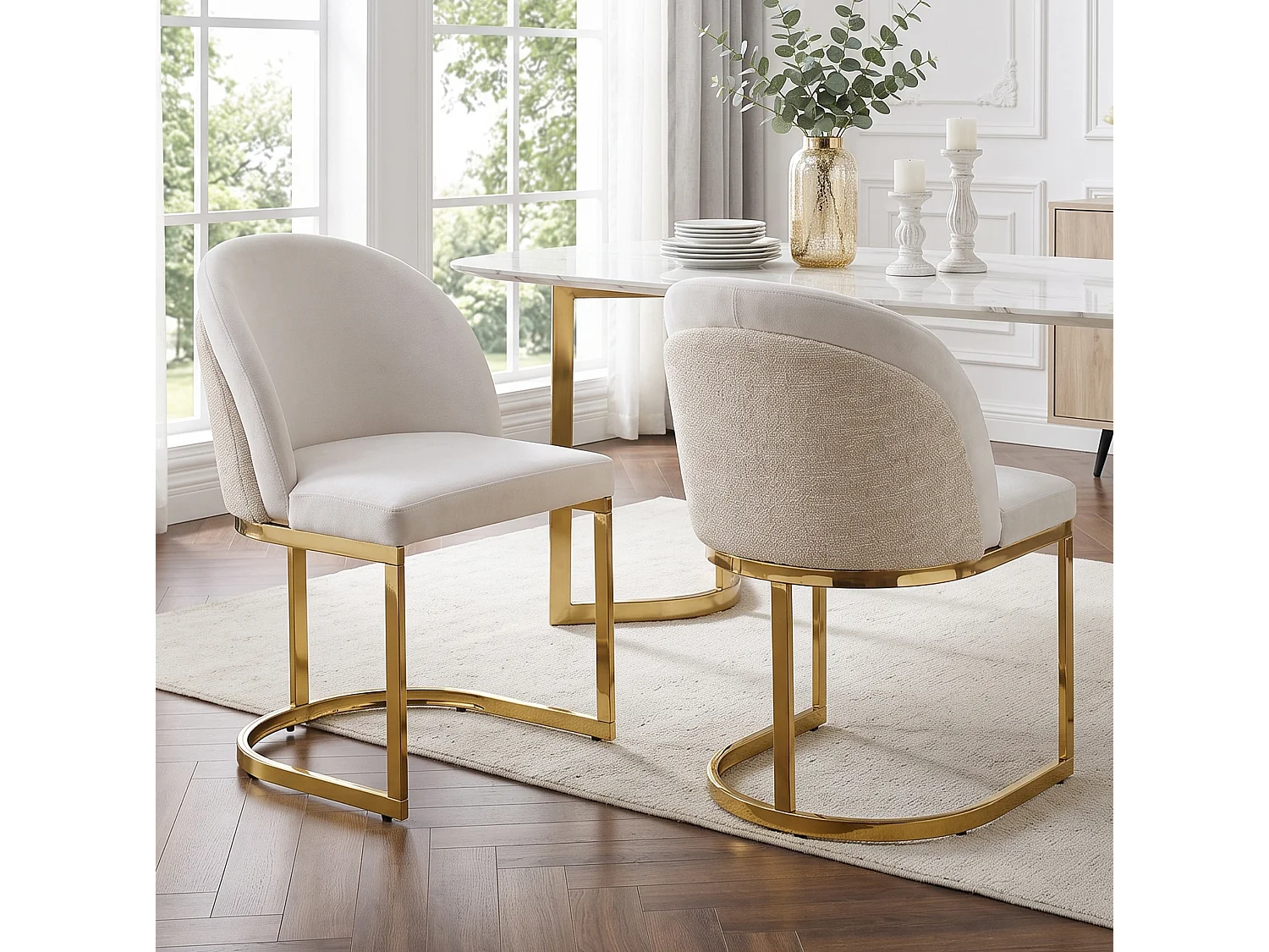 Set van 2 stoelen met gouden metalen poten - Beige chenillestof