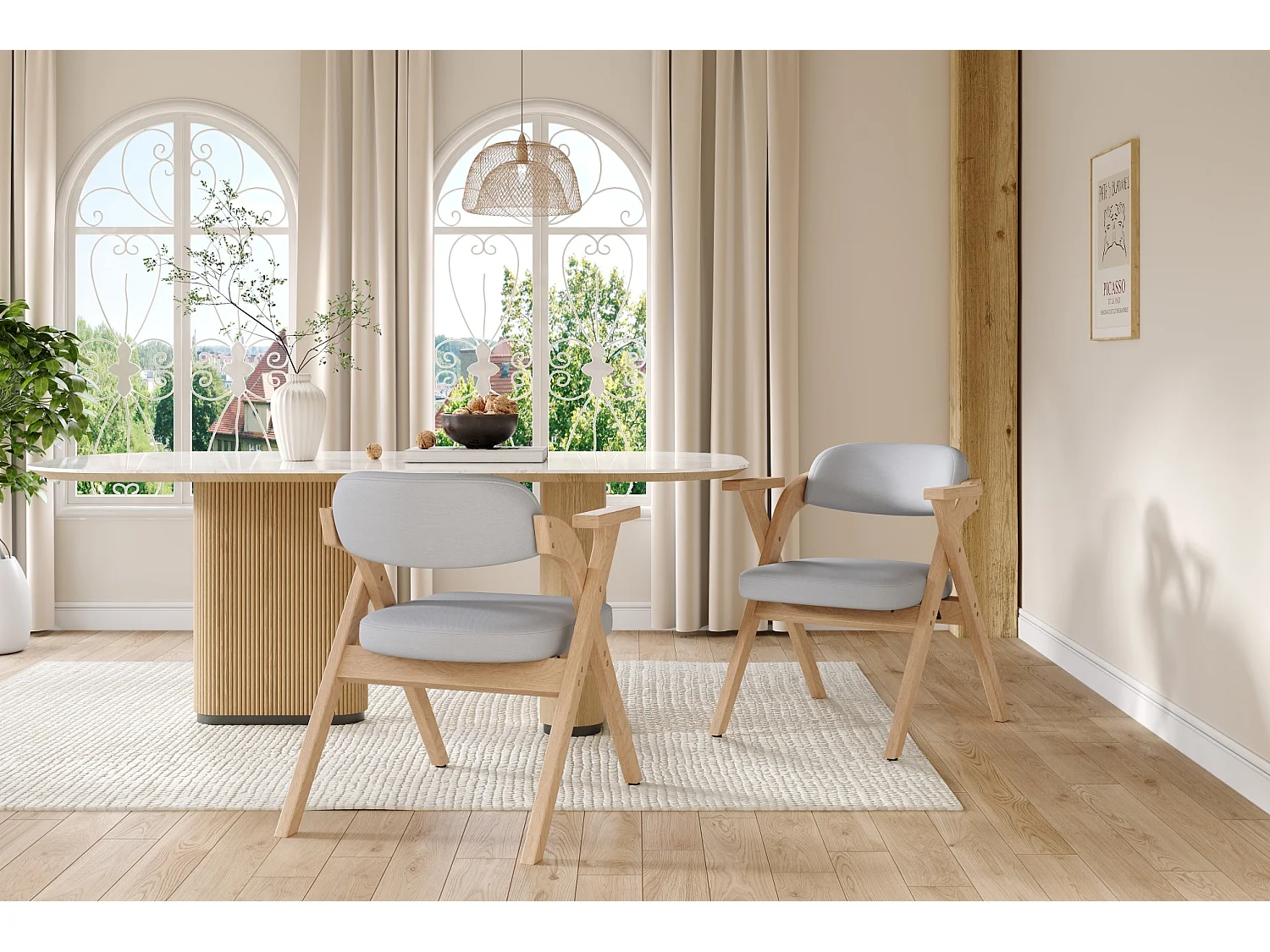 Set van 2 opklapbare stoelen in grijs linnen met armleuningen - Licht naturel