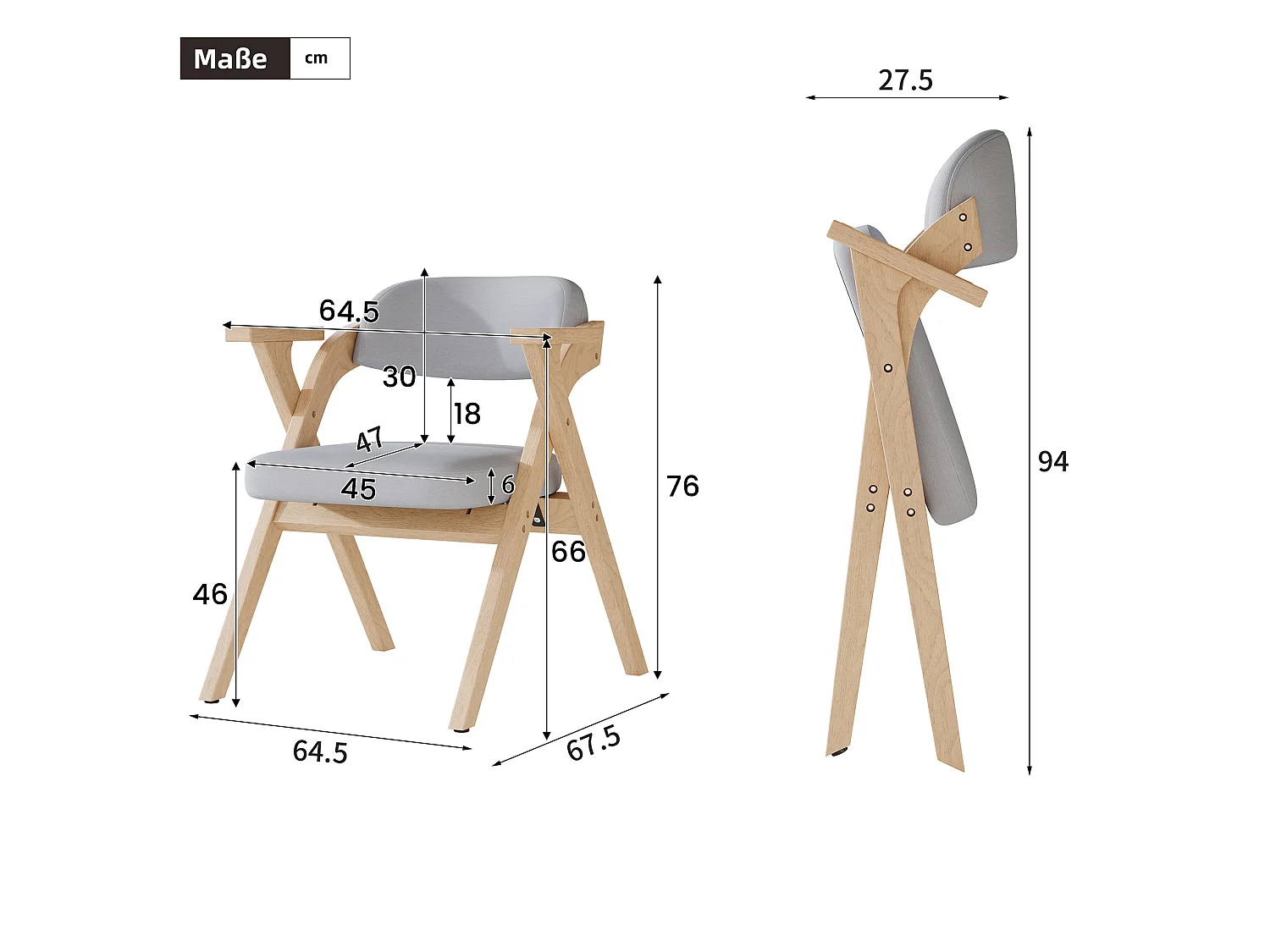 Set van 2 opklapbare stoelen in grijs linnen met armleuningen - Licht naturel