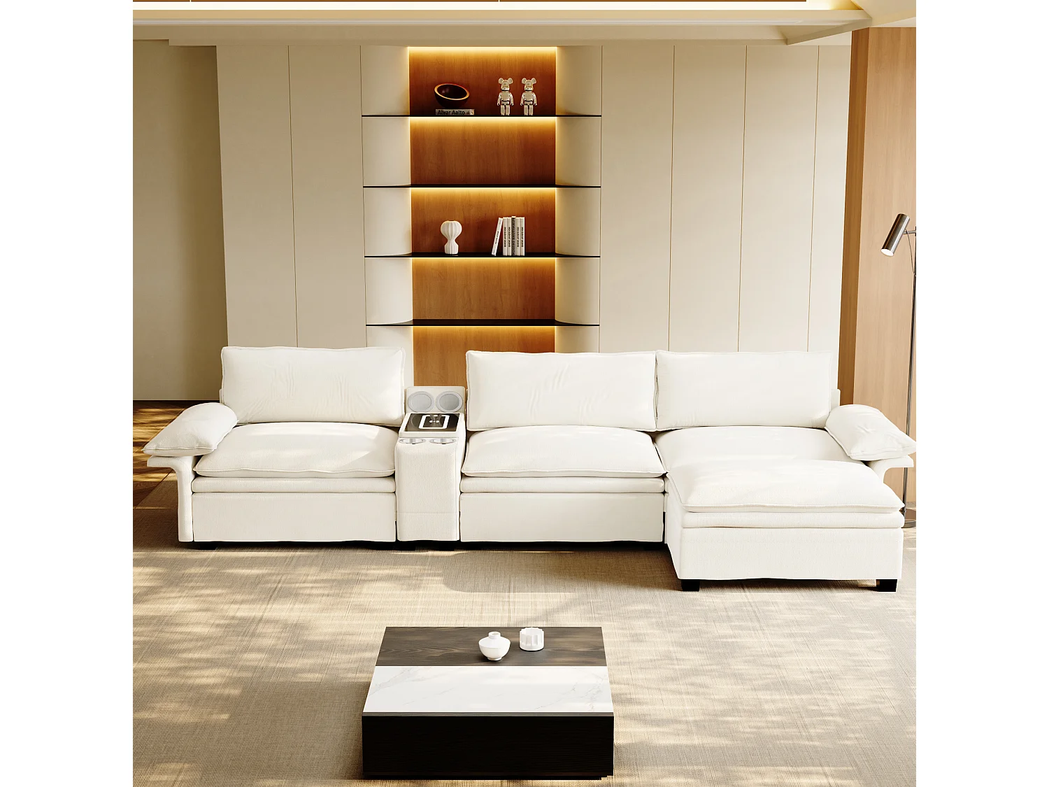 Canapé d'angle modulable 3 places en chenille - Charge sans fil, porte-gobelets et pouf - Beige