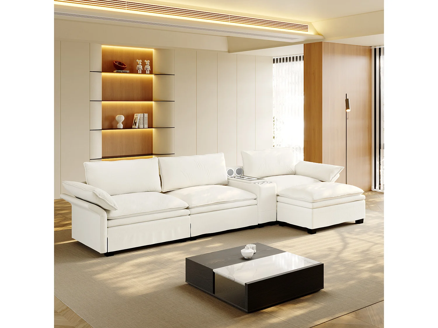 Canapé d'angle modulable 3 places en chenille - Charge sans fil, porte-gobelets et pouf - Beige