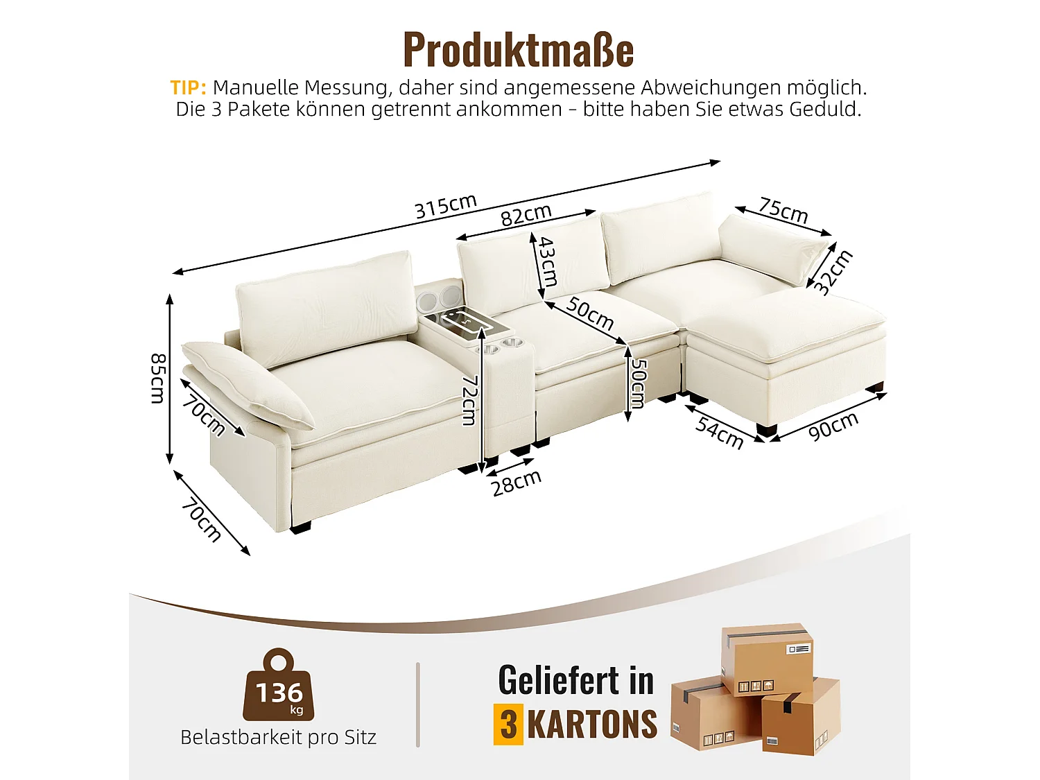 Canapé d'angle modulable 3 places en chenille - Charge sans fil, porte-gobelets et pouf - Beige