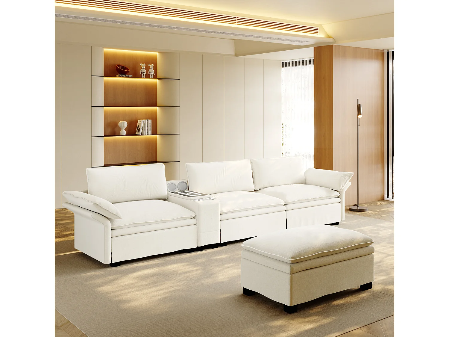 Canapé d'angle modulable 3 places en chenille - Charge sans fil, porte-gobelets et pouf - Beige