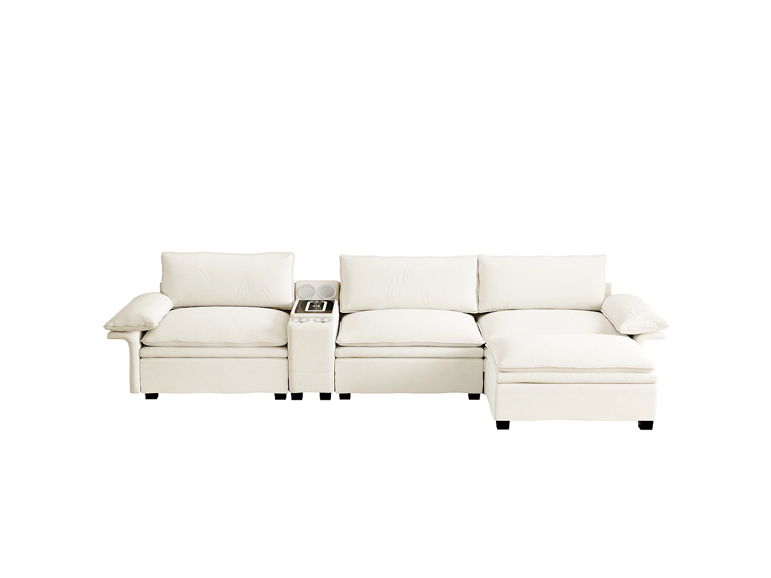 Canapé d'angle modulable 3 places en chenille - Charge sans fil, porte-gobelets et pouf - Beige