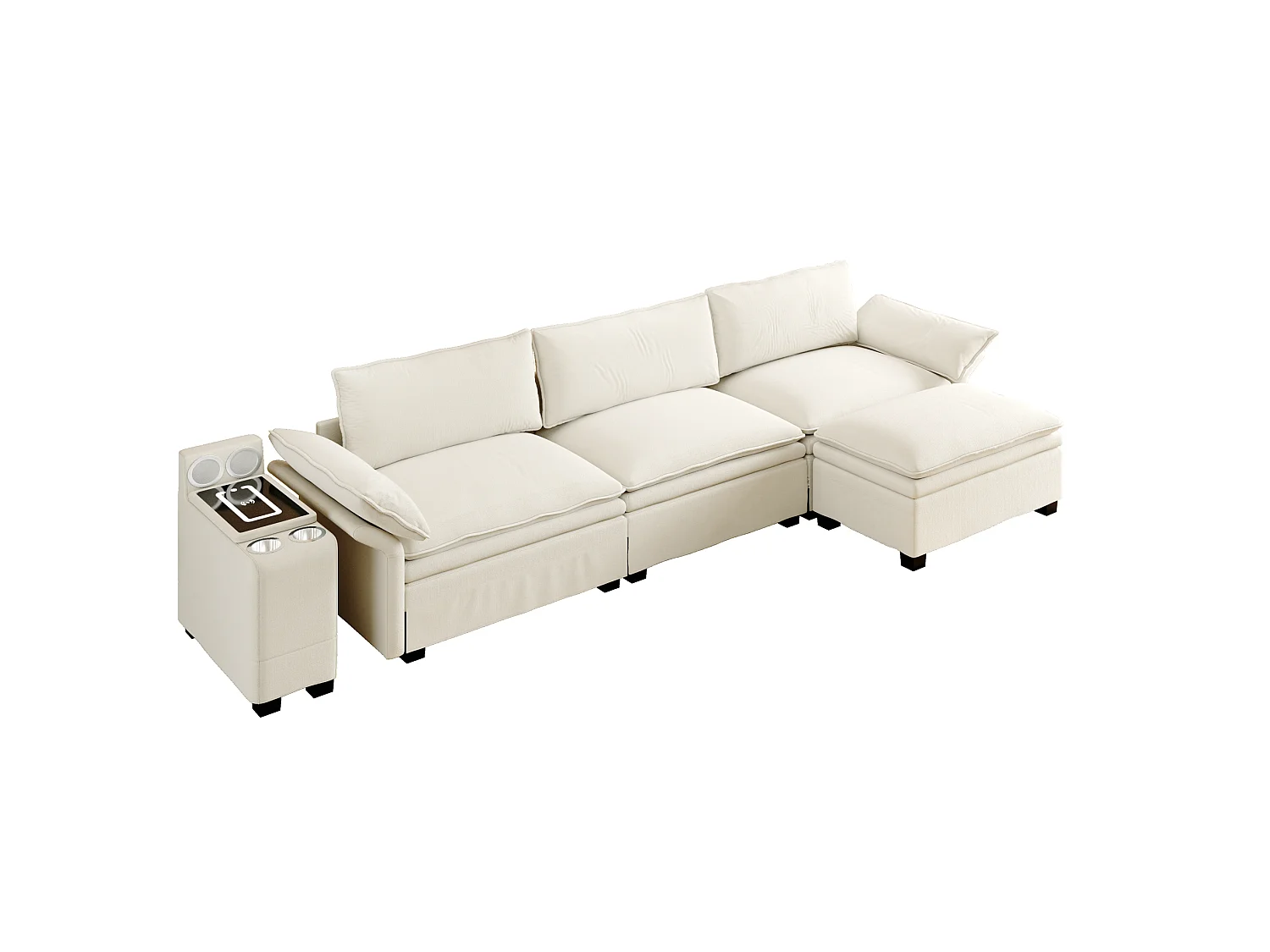 Canapé d'angle modulable 3 places en chenille - Charge sans fil, porte-gobelets et pouf - Beige