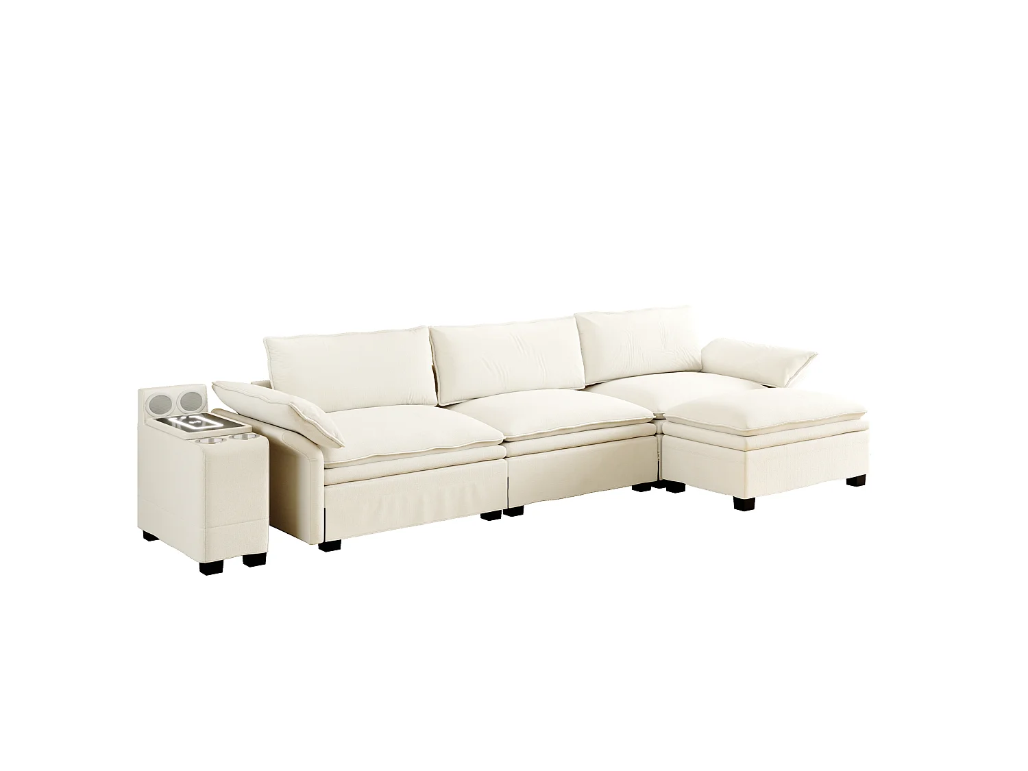Canapé d'angle modulable 3 places en chenille - Charge sans fil, porte-gobelets et pouf - Beige