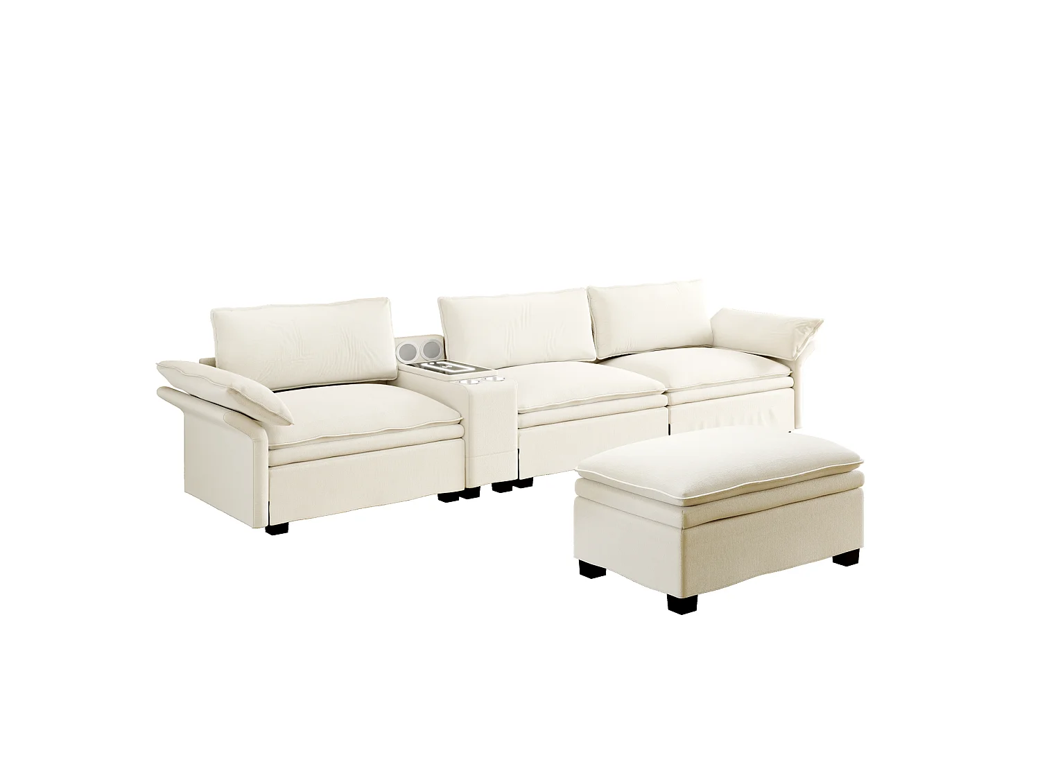 Canapé d'angle modulable 3 places en chenille - Charge sans fil, porte-gobelets et pouf - Beige