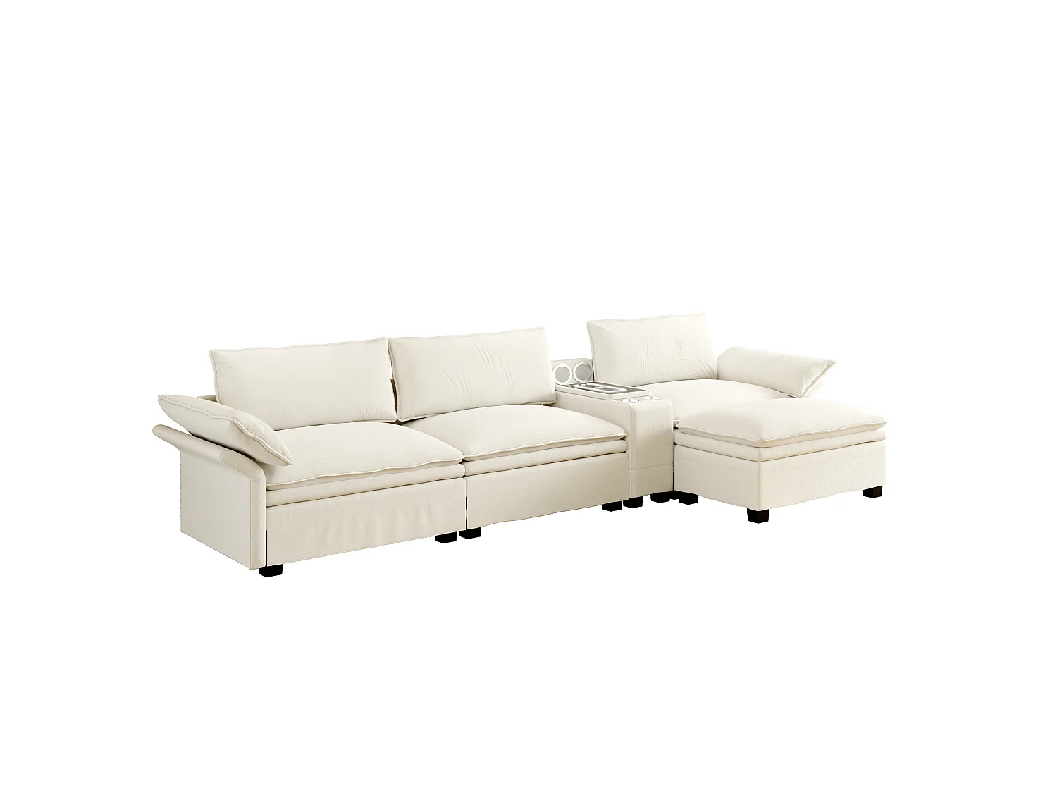 Canapé d'angle modulable 3 places en chenille - Charge sans fil, porte-gobelets et pouf - Beige