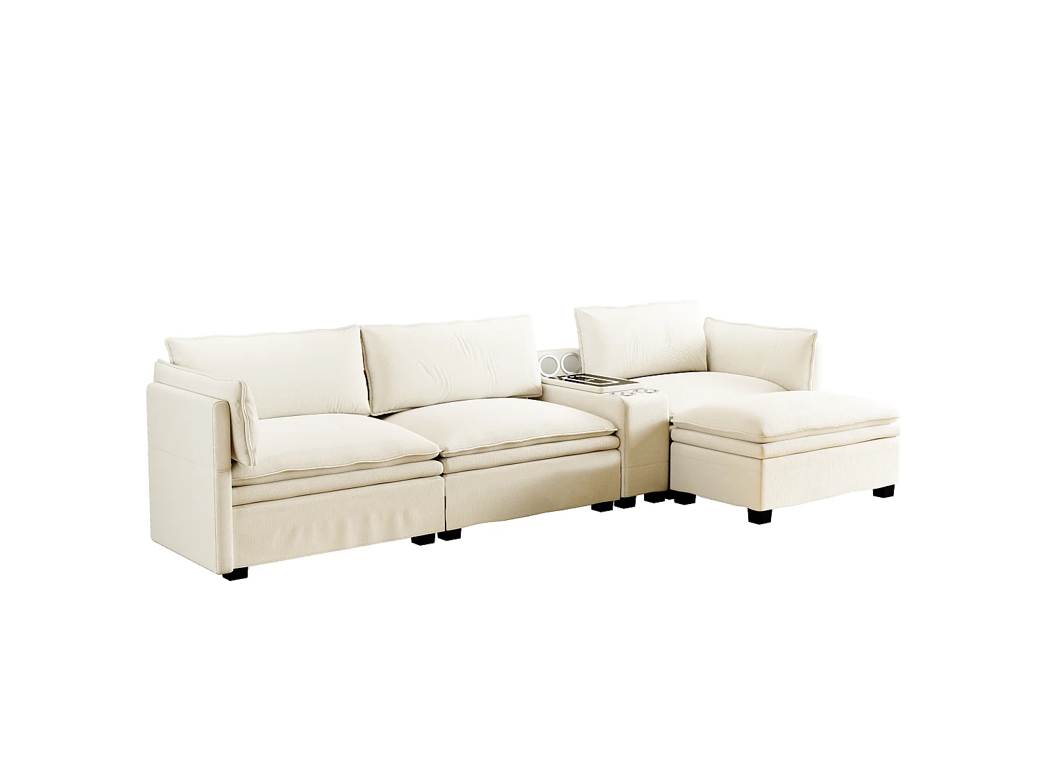 Canapé d'angle modulable 3 places en chenille - Charge sans fil, porte-gobelets et pouf - Beige