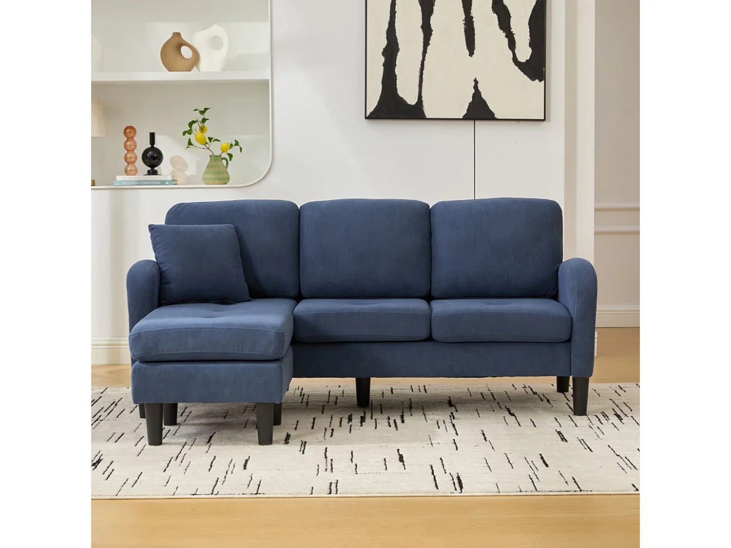 Canapé d'angle modulable 3 places 166 x 188 cm avec méridienne - Velours côtelé bleu