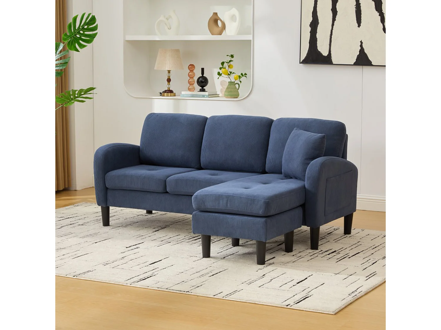 Canapé d'angle modulable 3 places 166 x 188 cm avec méridienne - Velours côtelé bleu