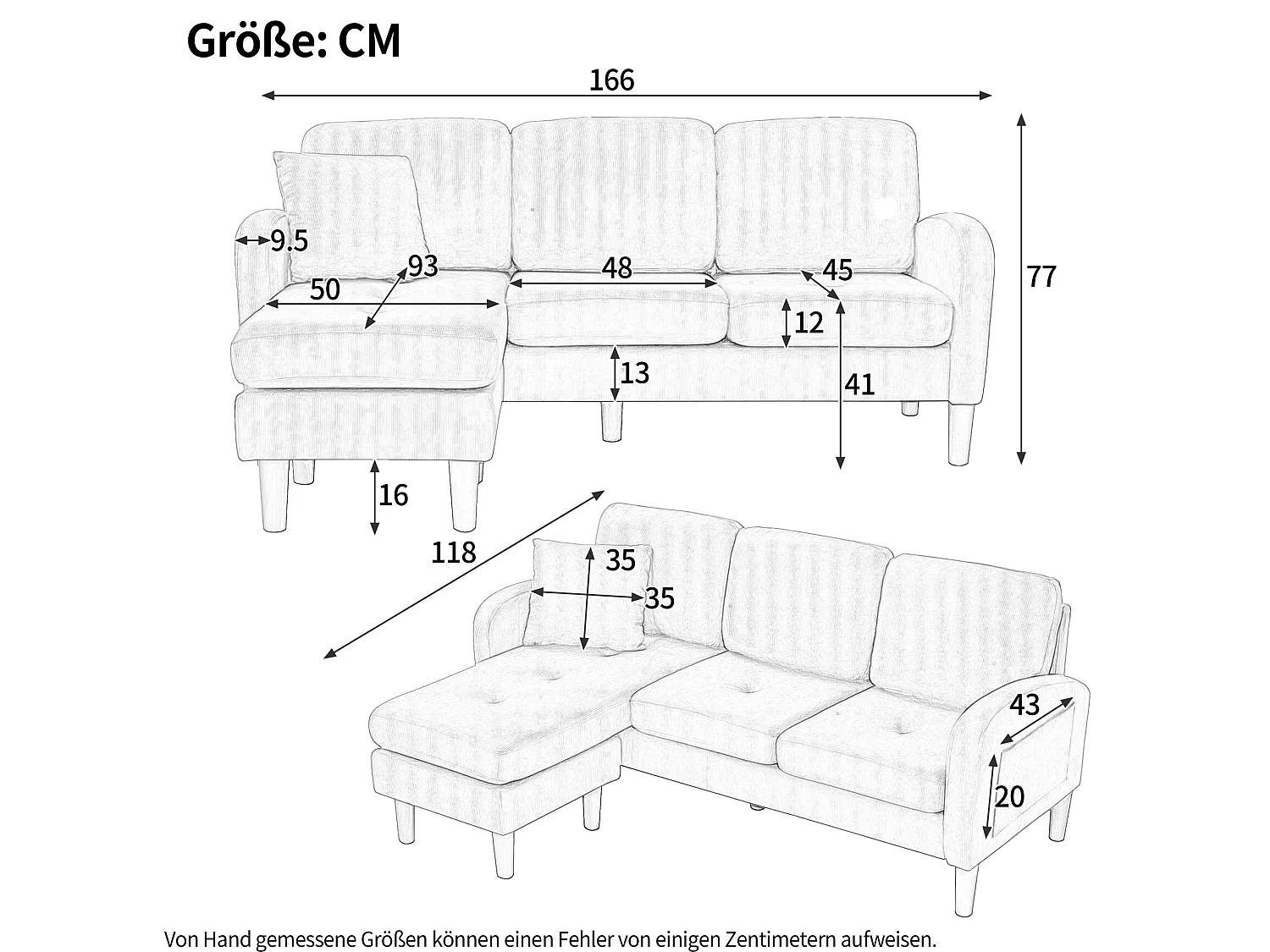 Canapé d'angle modulable 3 places 166 x 188 cm avec méridienne - Velours côtelé bleu