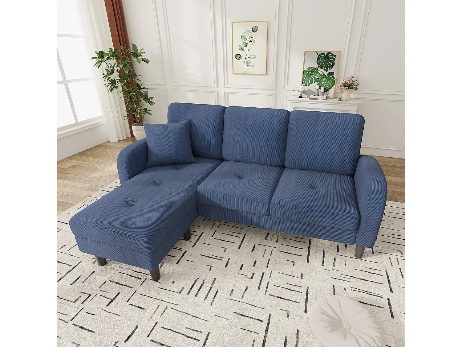 Canapé d'angle modulable 3 places 166 x 188 cm avec méridienne - Velours côtelé bleu