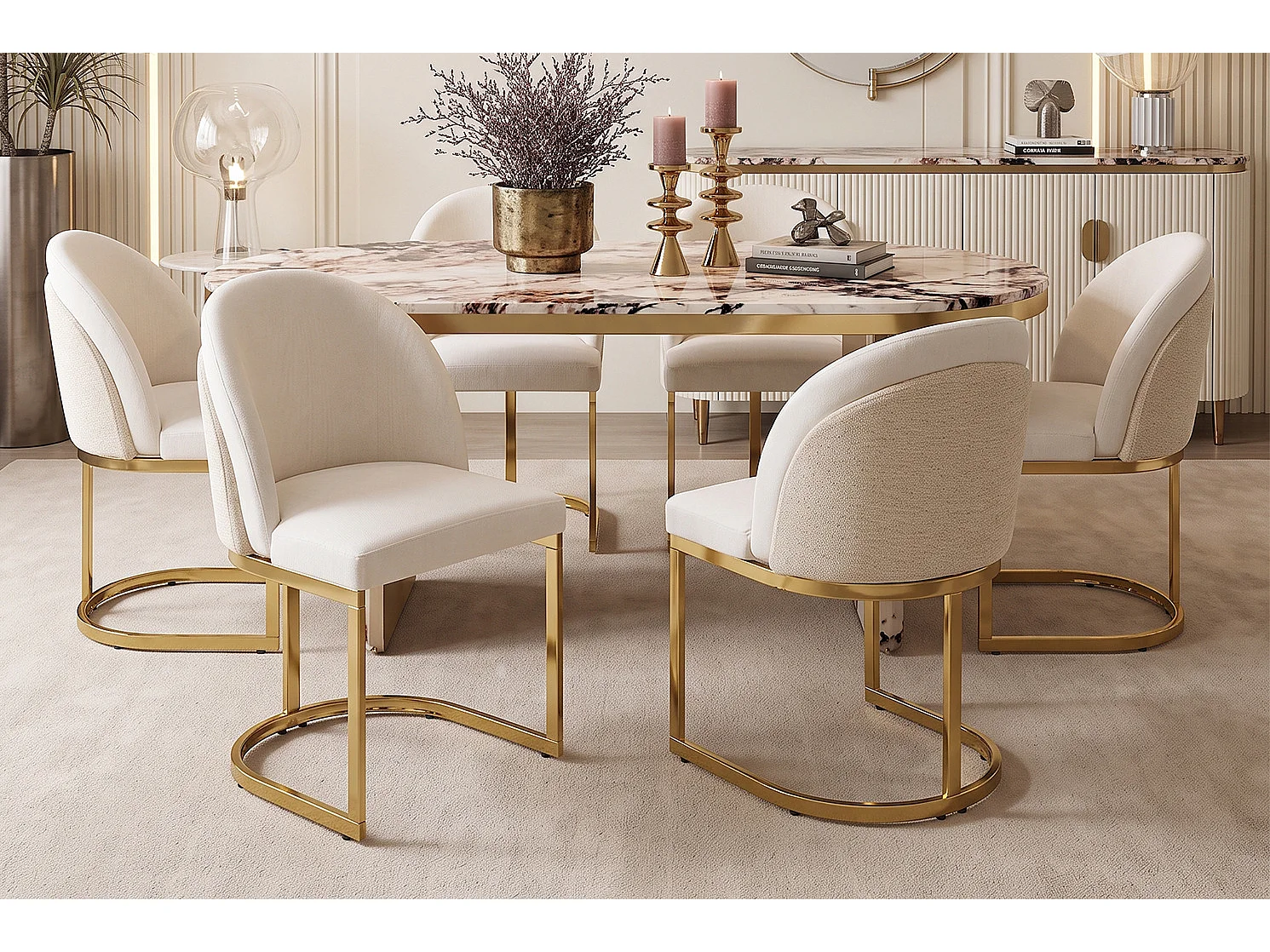 Lot de 6 chaises avec pieds en métal doré - Tissu en chenille beige