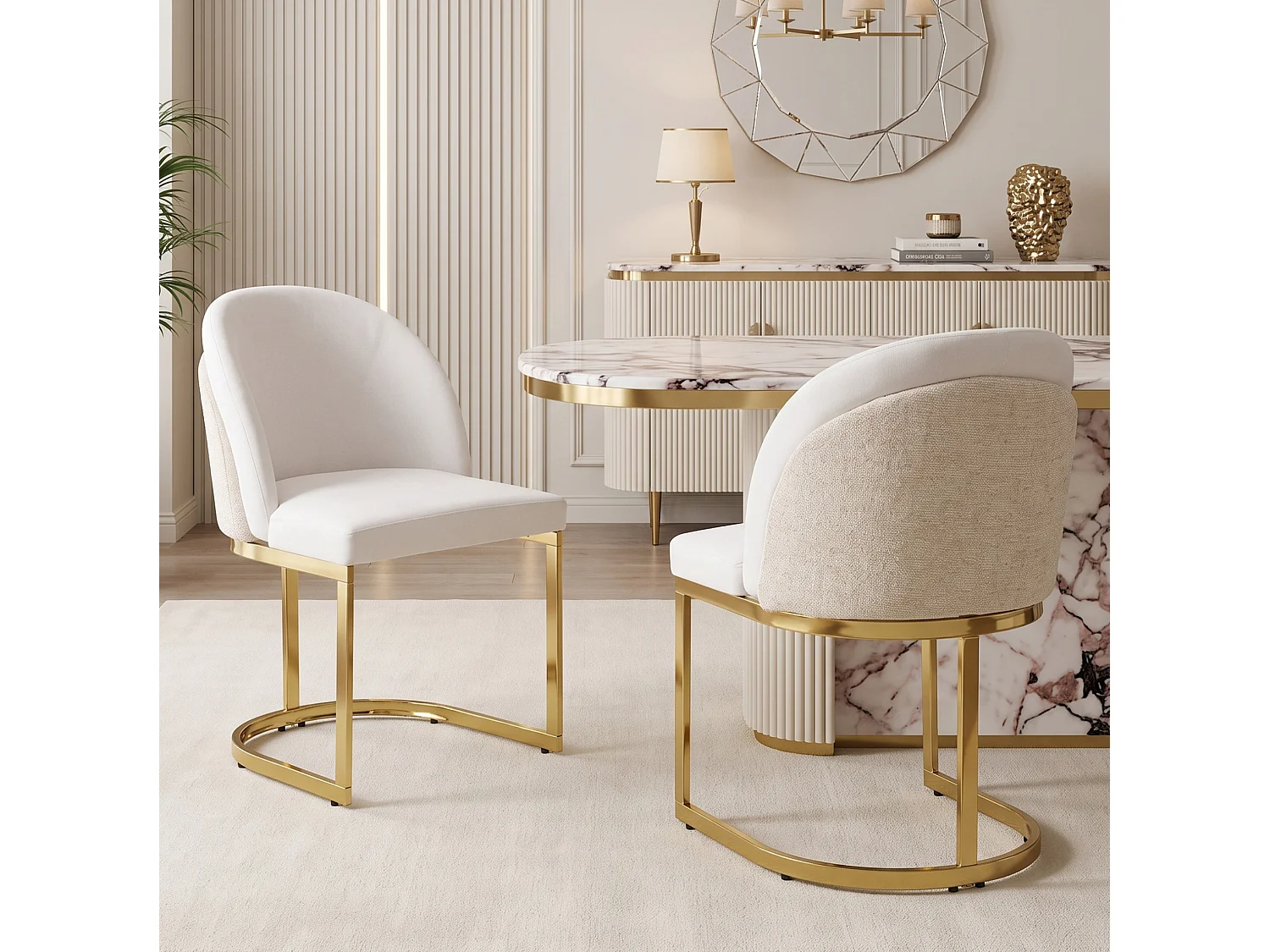 Lot de 6 chaises avec pieds en métal doré - Tissu en chenille beige