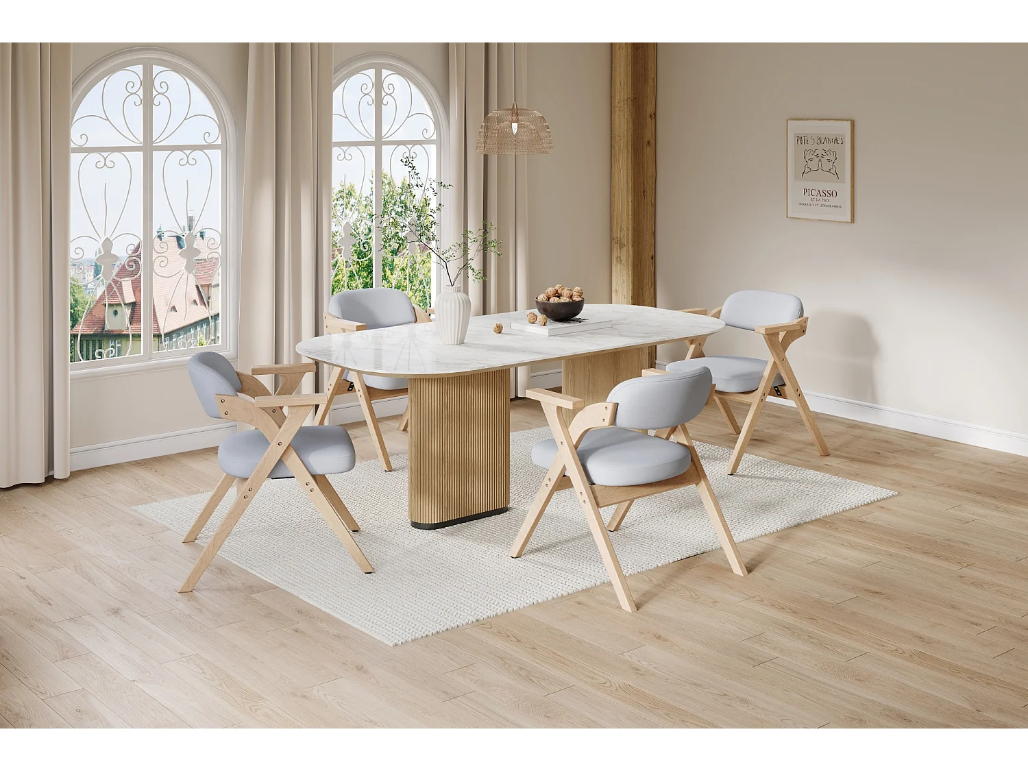Set van 4 opklapbare stoelen in grijs linnen met armleuningen - Licht naturel