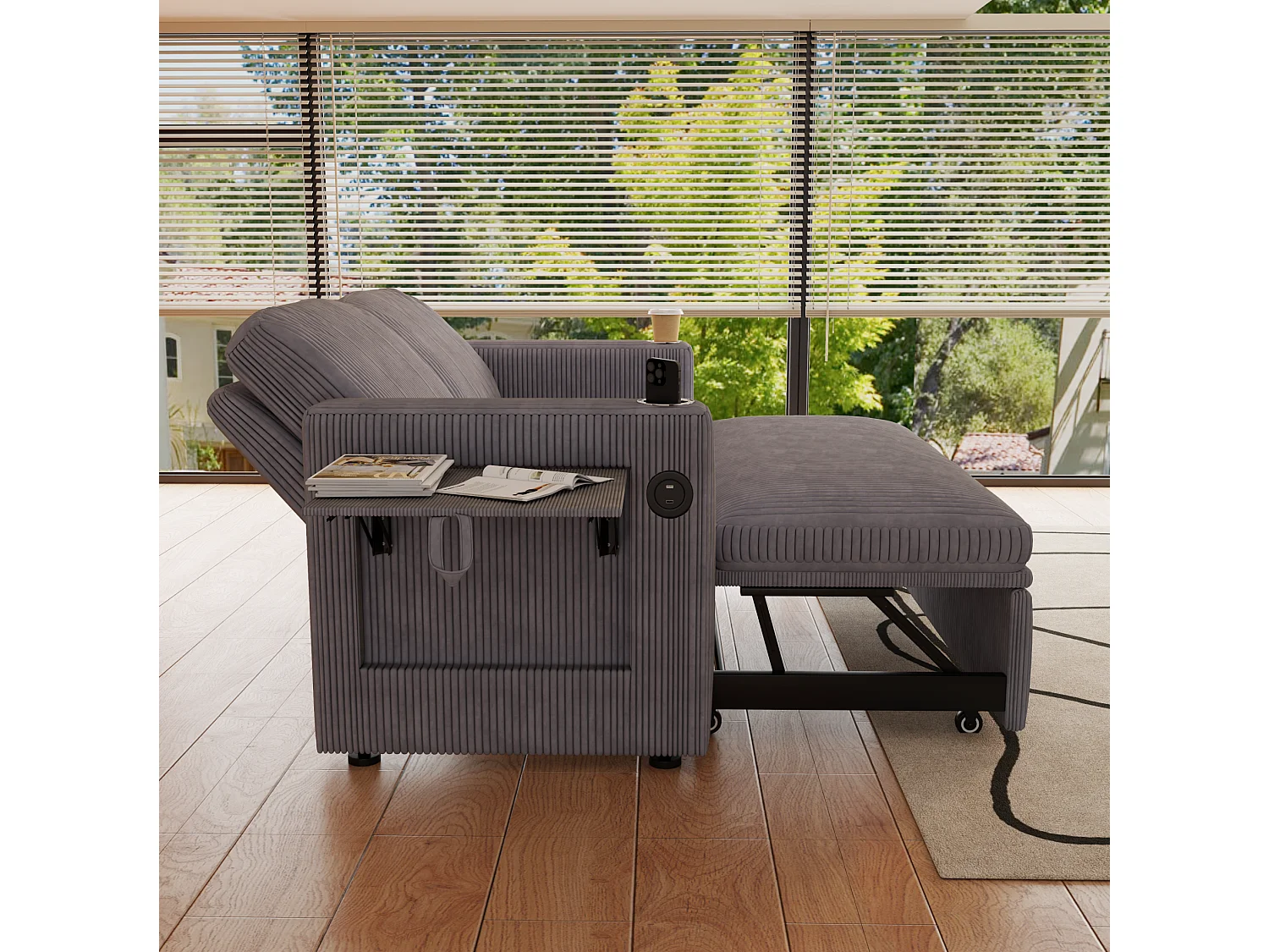Tweezits slaapbank met USB-poort en verstelbare rugleuning - Grijs corduroy