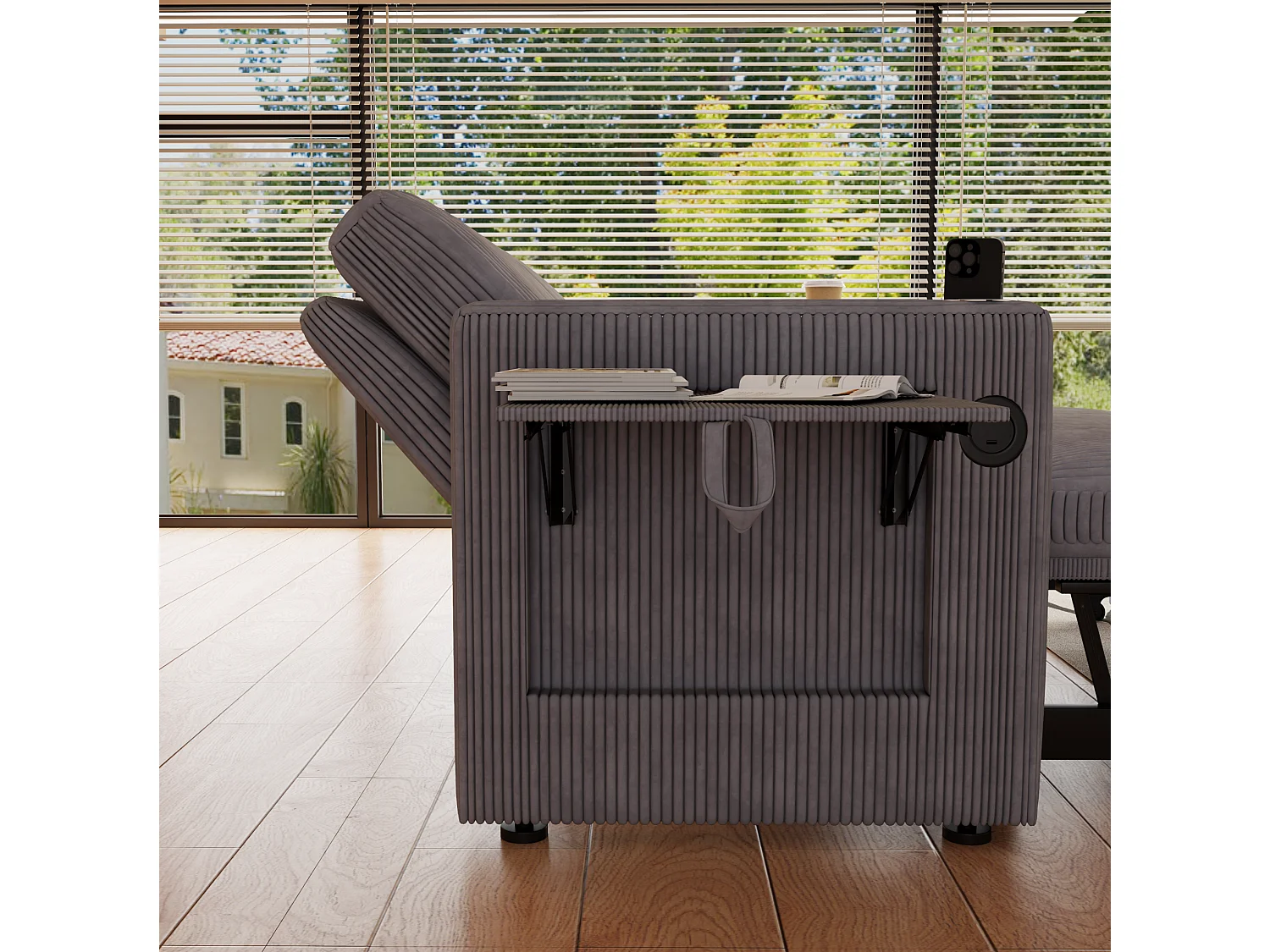 Tweezits slaapbank met USB-poort en verstelbare rugleuning - Grijs corduroy