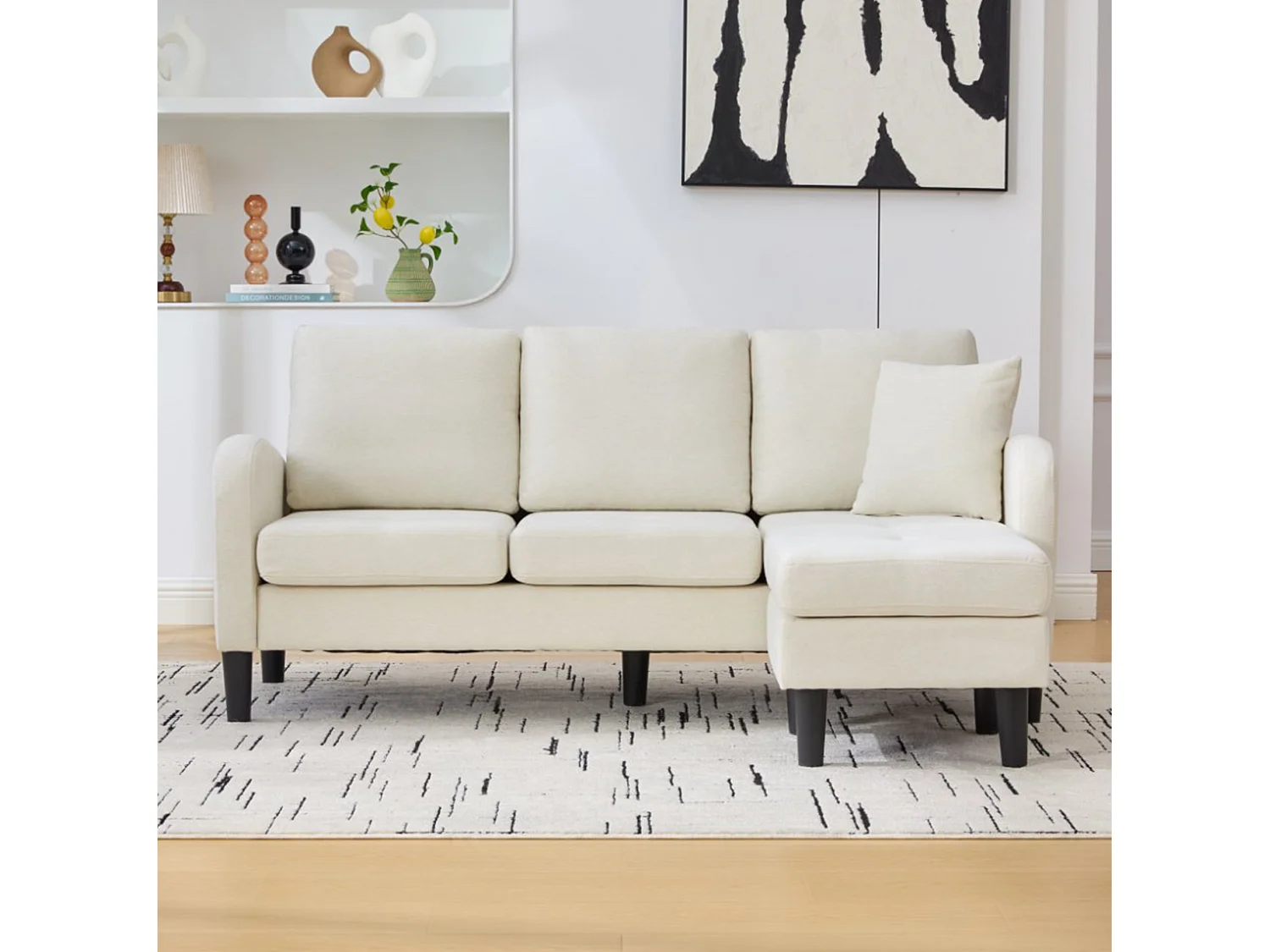 Canapé d'angle 3 places en L avec méridienne 166 x 118 x 77 cm – Tissu coton et lin beige clair