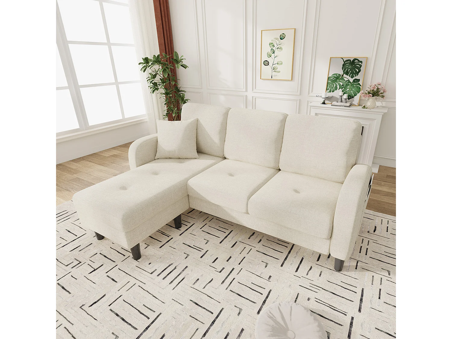 Canapé d'angle 3 places en L avec méridienne 166 x 118 x 77 cm – Tissu coton et lin beige clair