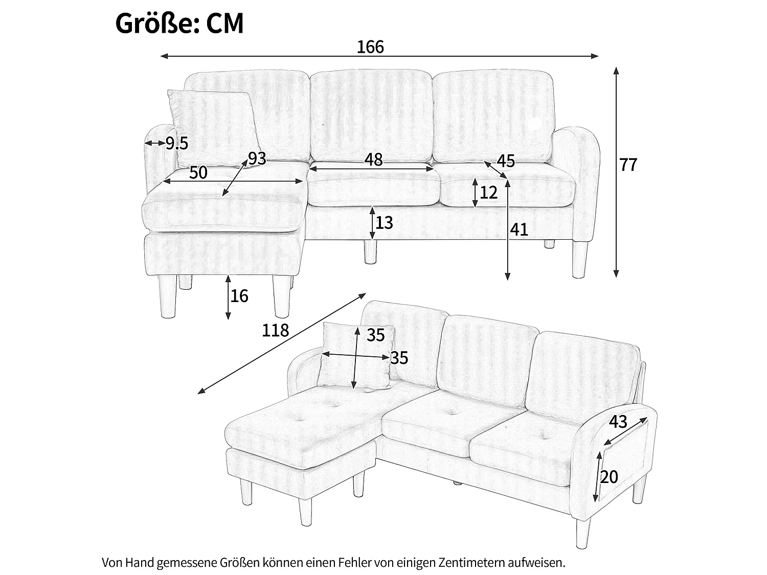 Canapé d'angle 3 places en L avec méridienne 166 x 118 x 77 cm – Tissu coton et lin beige clair