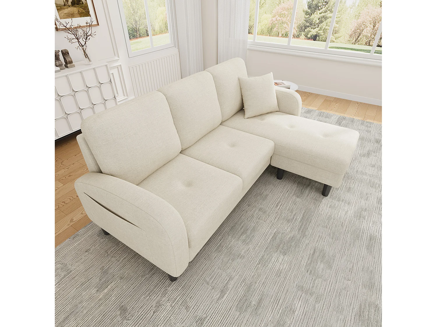 Canapé d'angle 3 places en L avec méridienne 166 x 118 x 77 cm – Tissu coton et lin beige clair