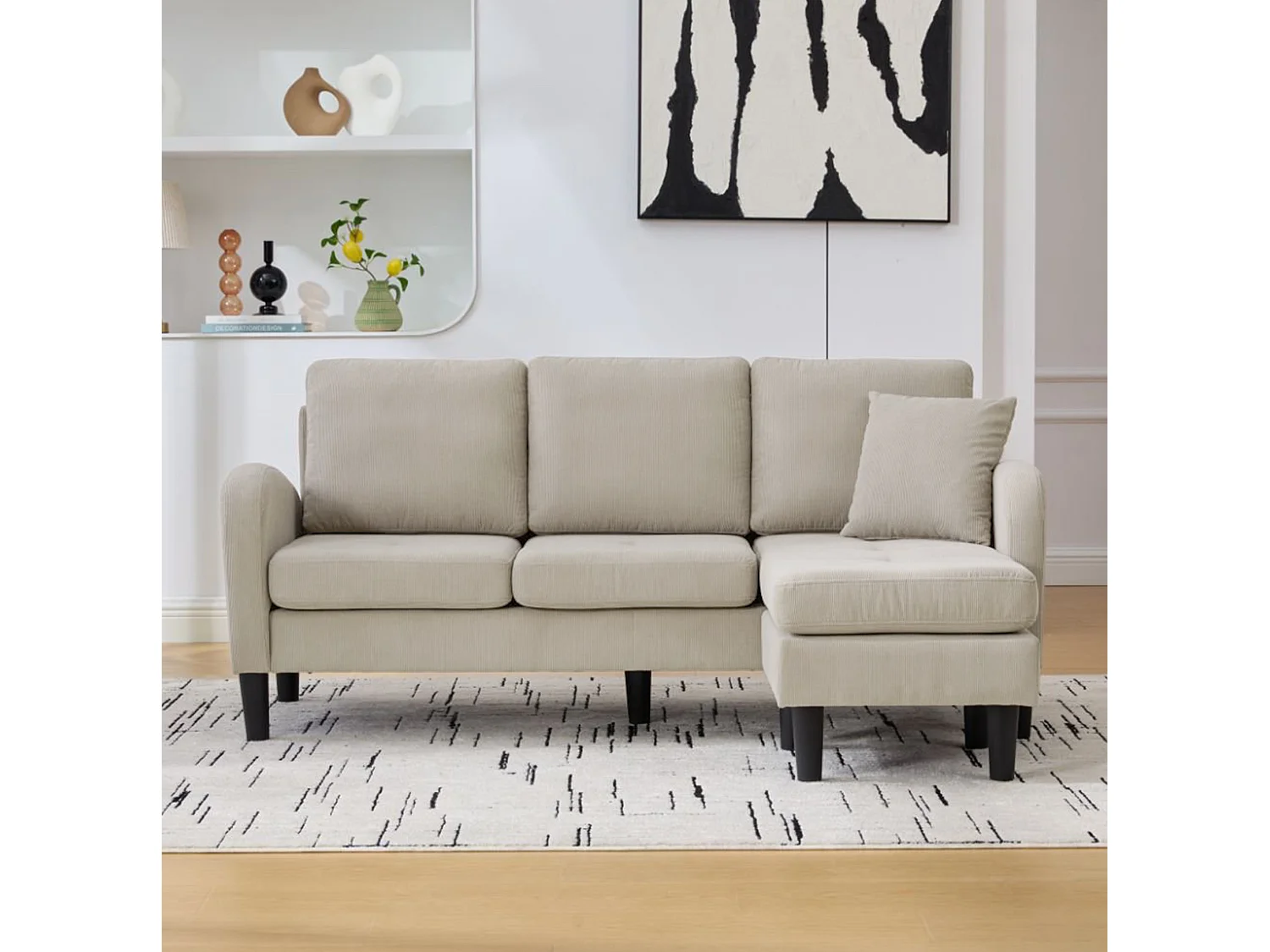 Canapé d'angle modulable 3 places 166 x 188 cm avec méridienne - Velours côtelé gris brunâtre