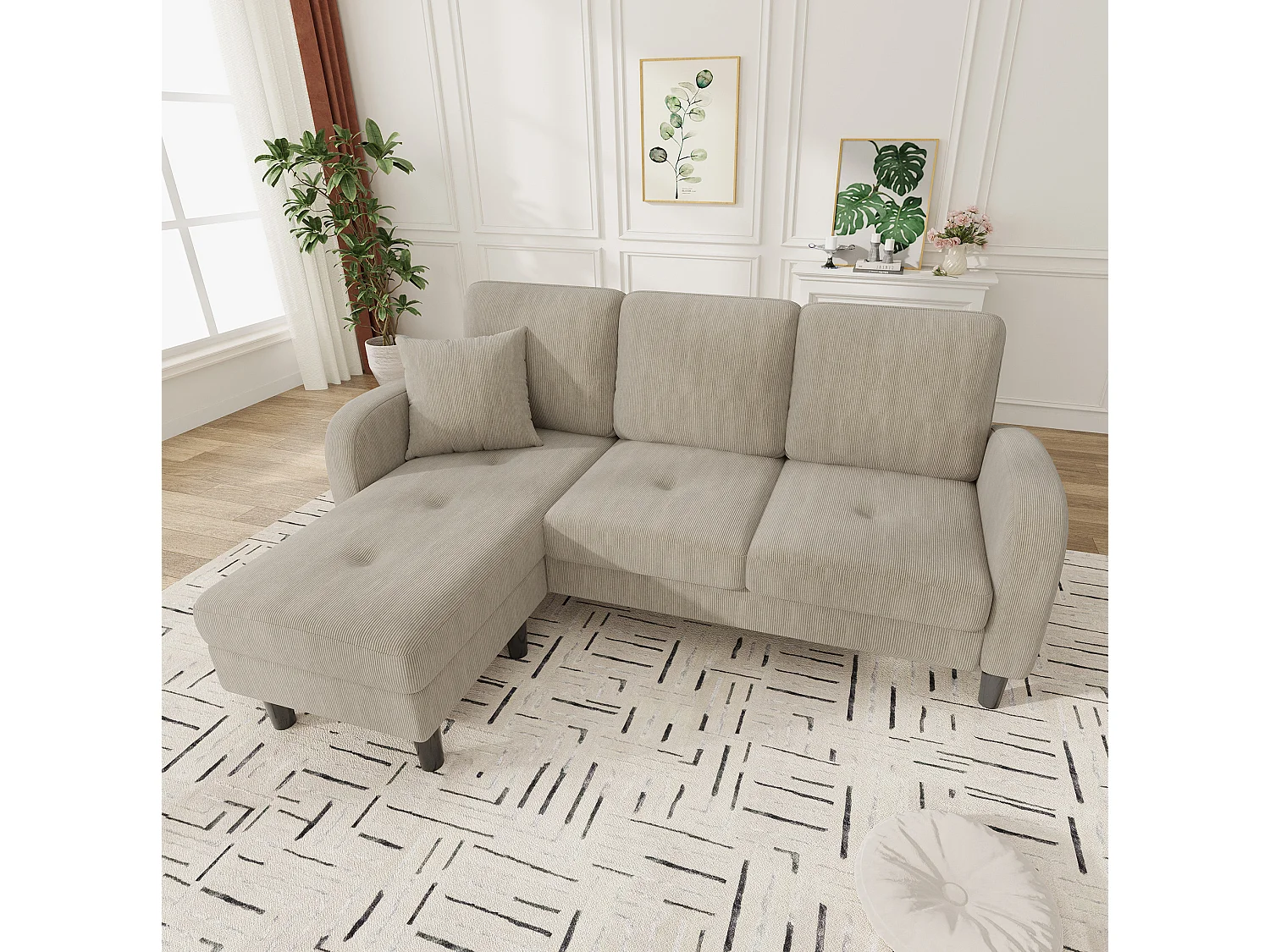 Canapé d'angle modulable 3 places 166 x 188 cm avec méridienne - Velours côtelé gris brunâtre