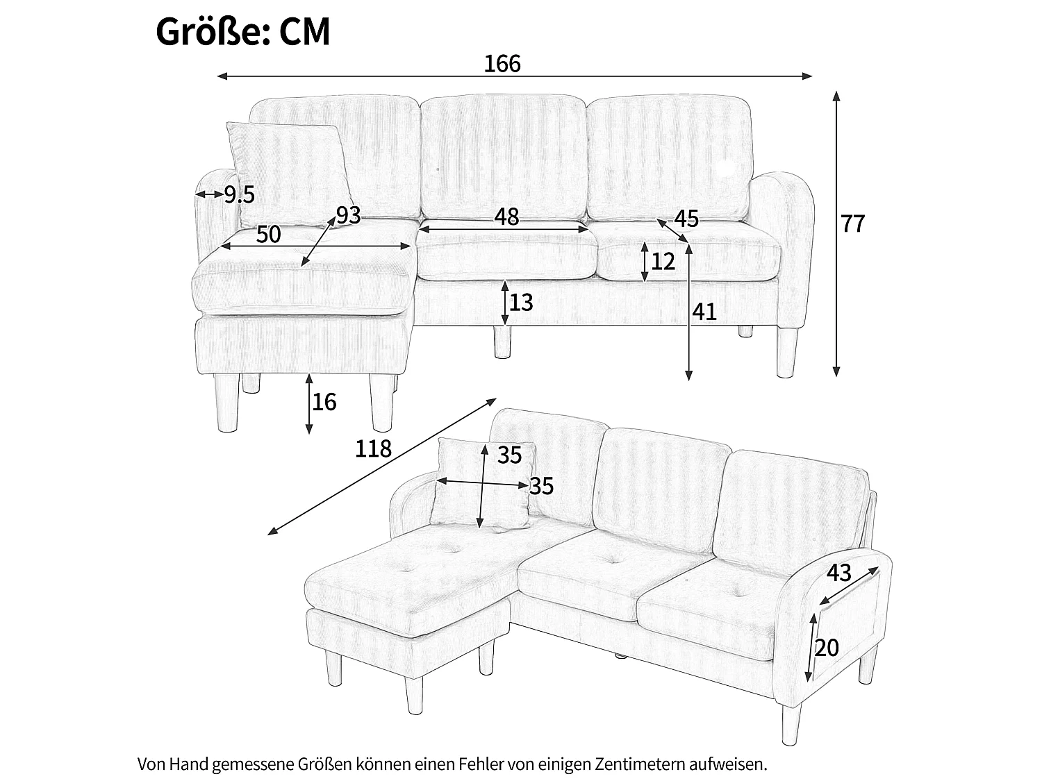 Canapé d'angle modulable 3 places 166 x 188 cm avec méridienne - Velours côtelé gris brunâtre