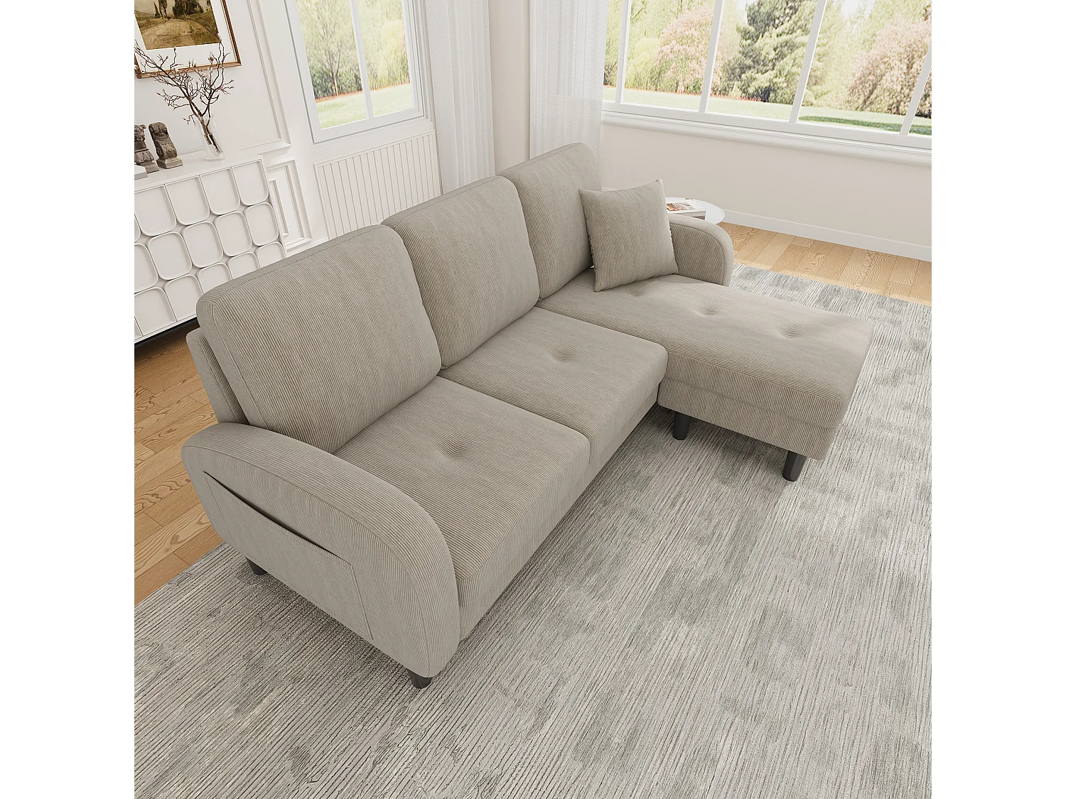 Canapé d'angle modulable 3 places 166 x 188 cm avec méridienne - Velours côtelé gris brunâtre