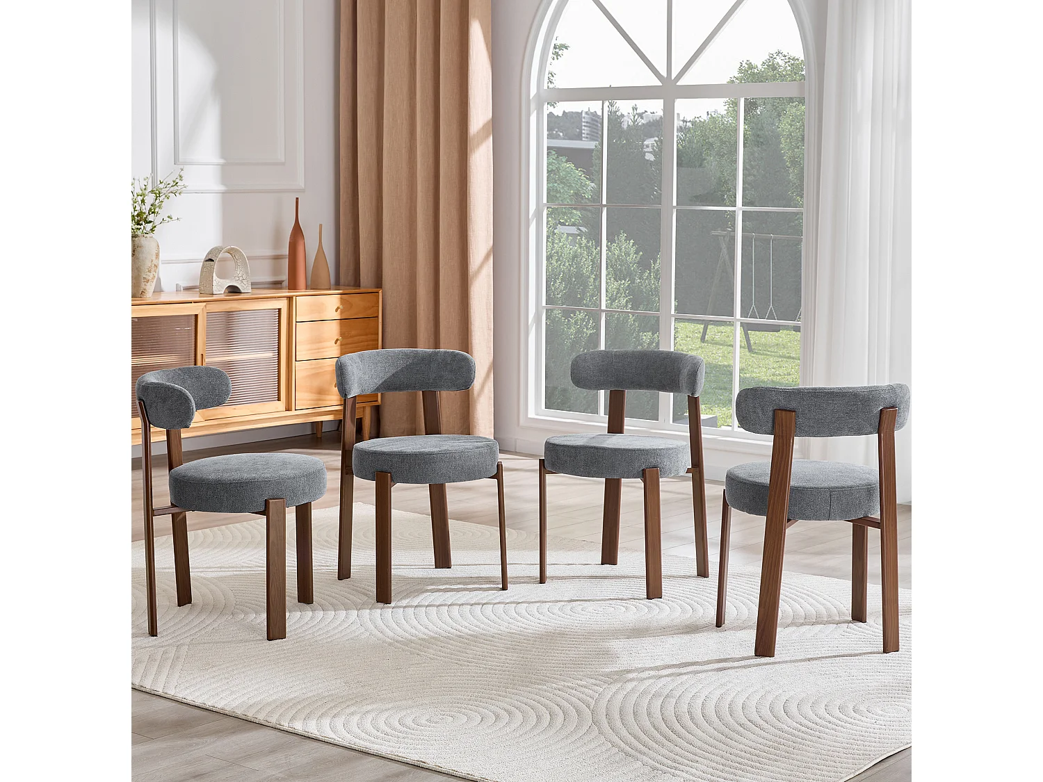 Set van 4 eetkamerstoelen met houten poten - Grijs linnen