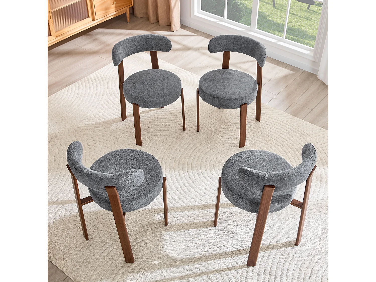 Set van 4 eetkamerstoelen met houten poten - Grijs linnen