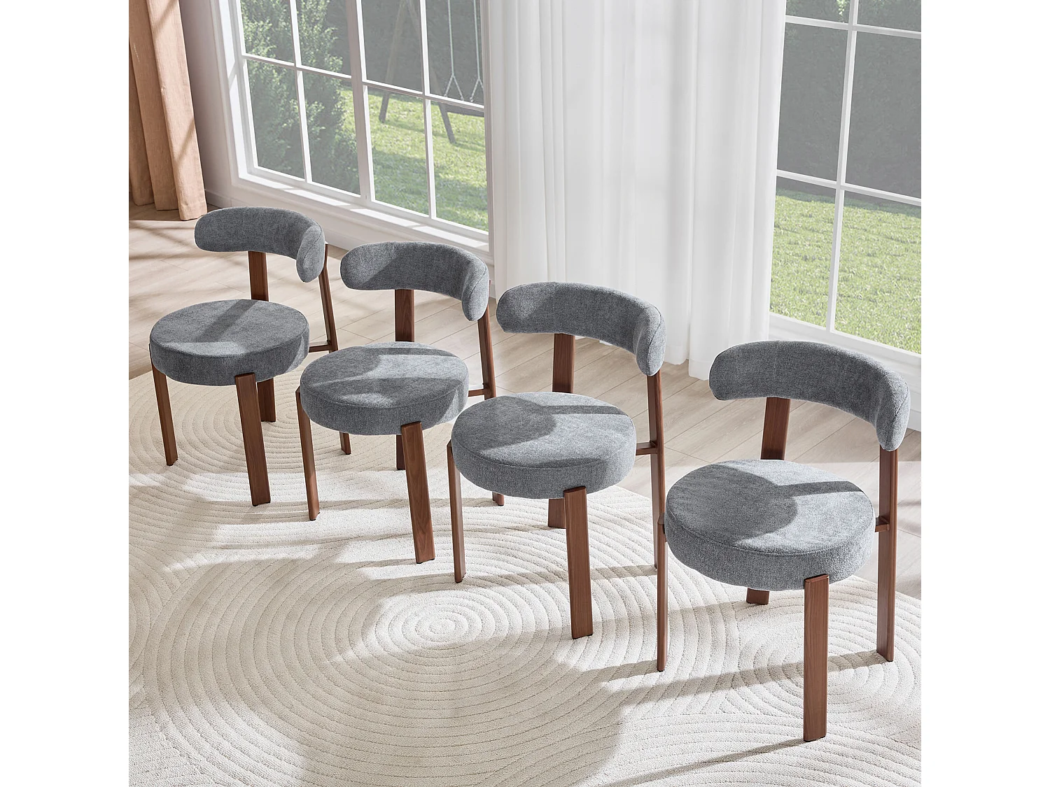 Set van 4 eetkamerstoelen met houten poten - Grijs linnen
