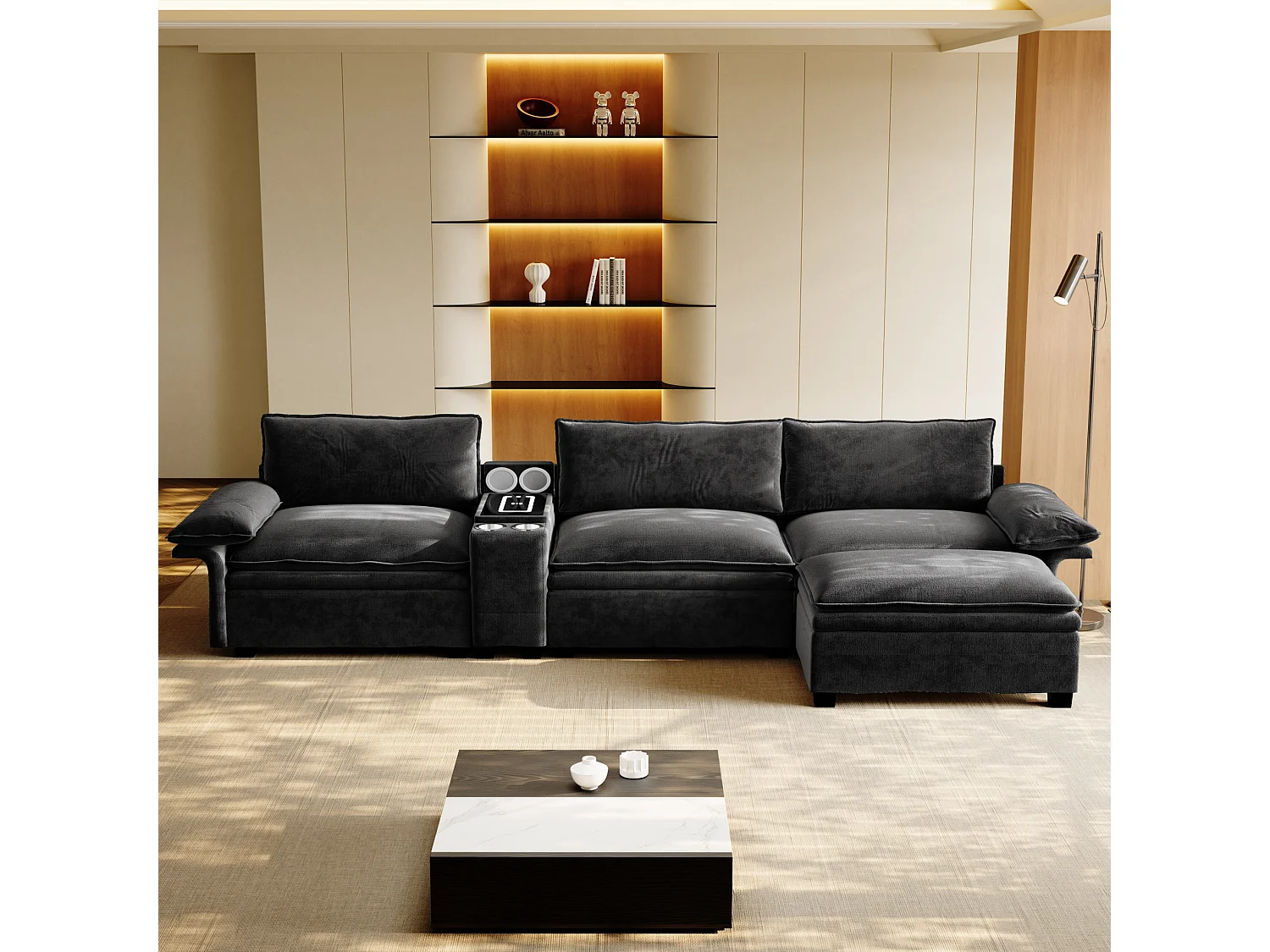 Canapé d'angle modulable 3 places en chenille - Charge sans fil, porte-gobelets et pouf - Noir