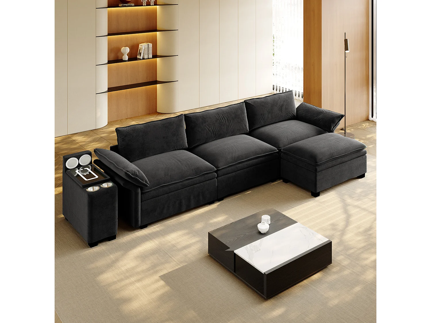 Canapé d'angle modulable 3 places en chenille - Charge sans fil, porte-gobelets et pouf - Noir