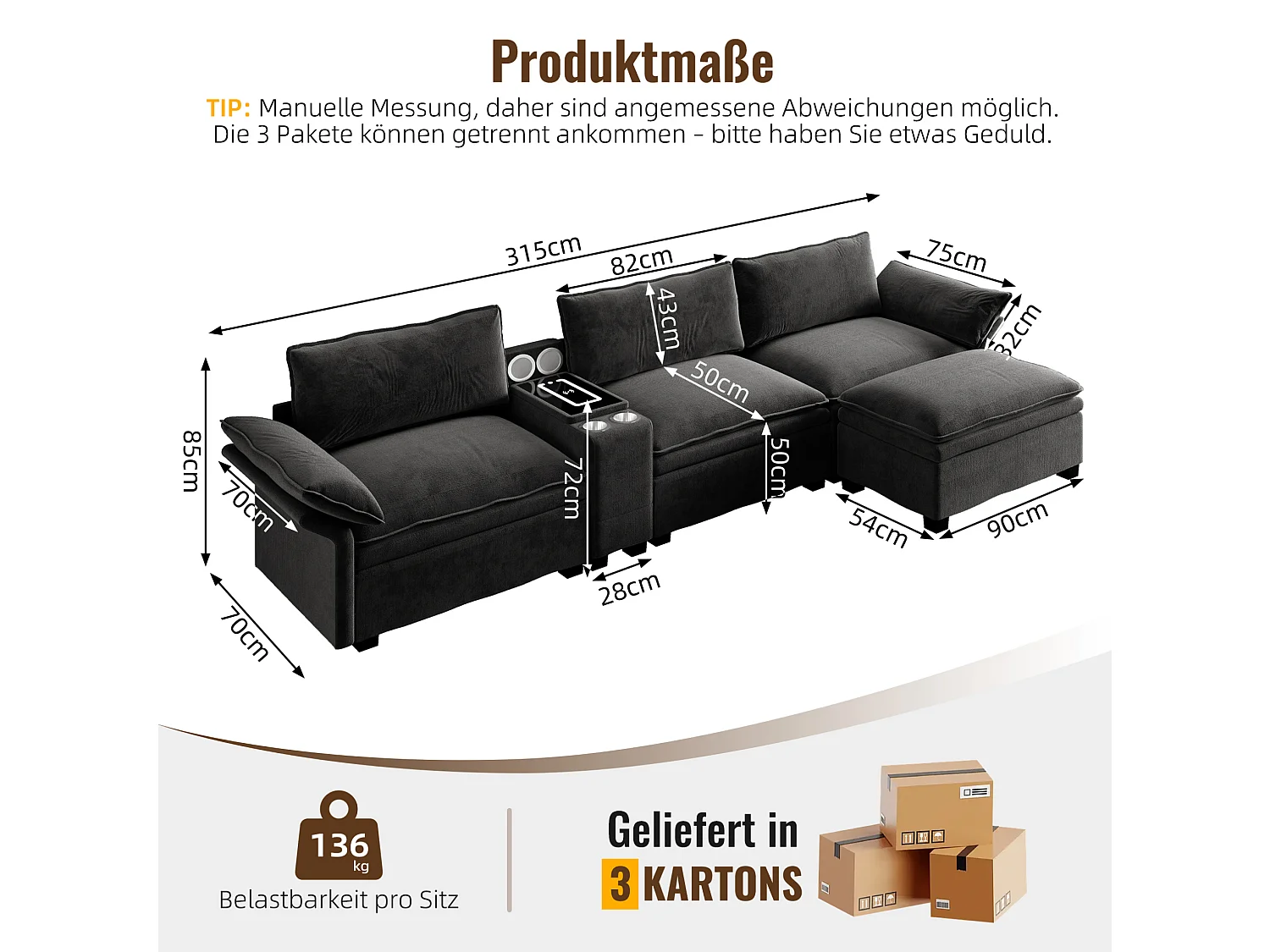 Canapé d'angle modulable 3 places en chenille - Charge sans fil, porte-gobelets et pouf - Noir