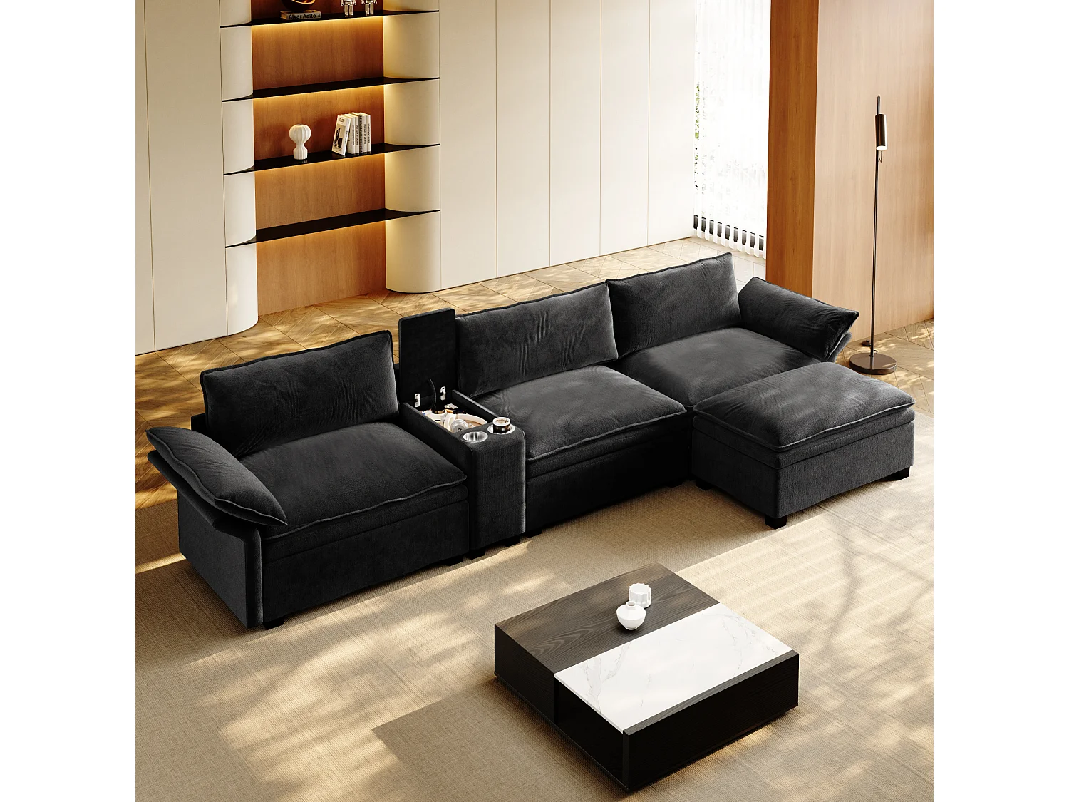 Canapé d'angle modulable 3 places en chenille - Charge sans fil, porte-gobelets et pouf - Noir