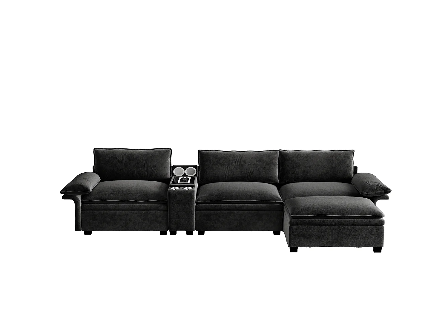 Canapé d'angle modulable 3 places en chenille - Charge sans fil, porte-gobelets et pouf - Noir